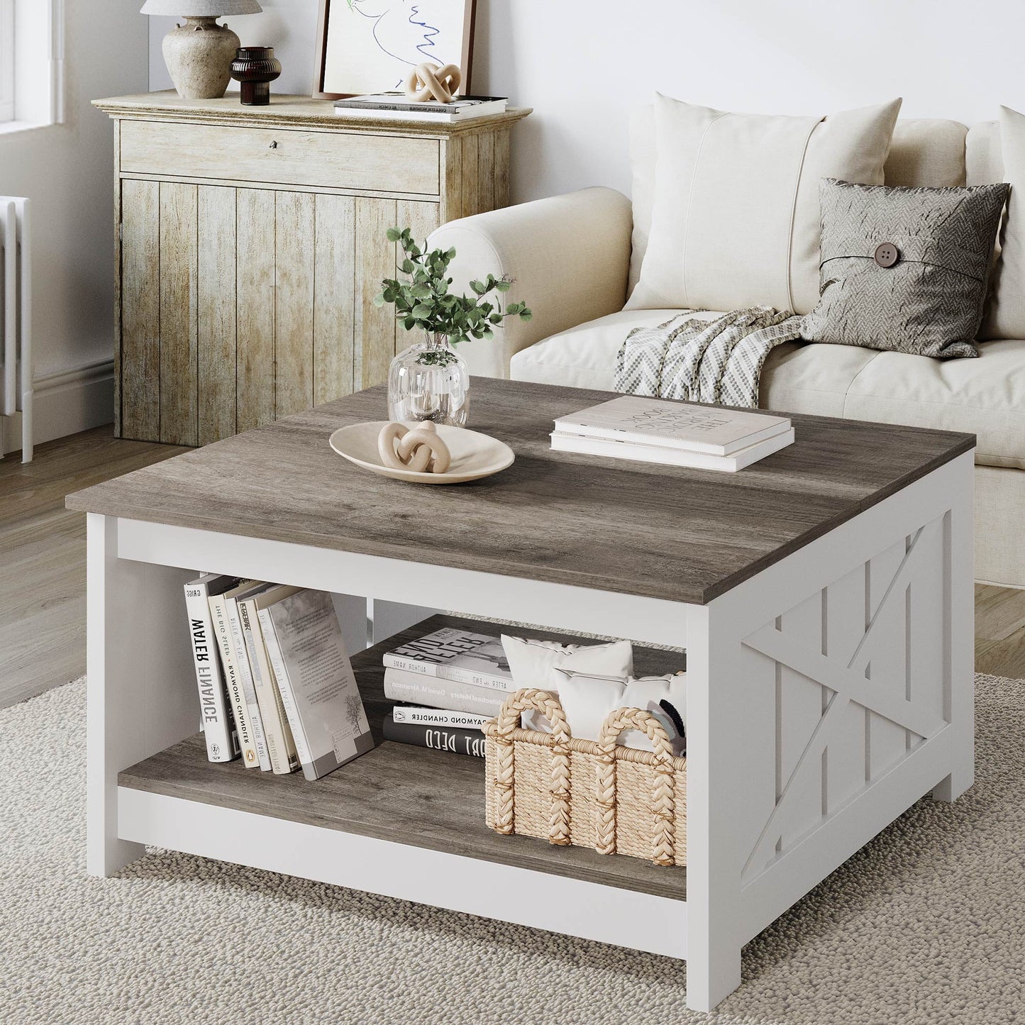 Dextrus Square Coffee Table, Farmhouse Coffee Table with Half Open Storage Compartment, Brown&White