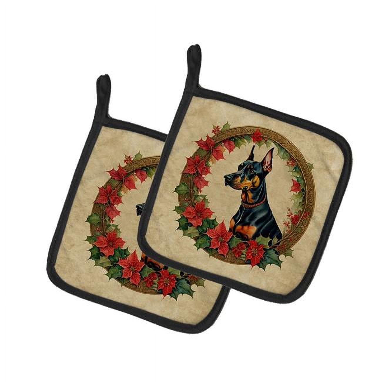 Doberman Pinscher Christmas Flowers Pair of Pot Holders 7.5 in x 7.5 in