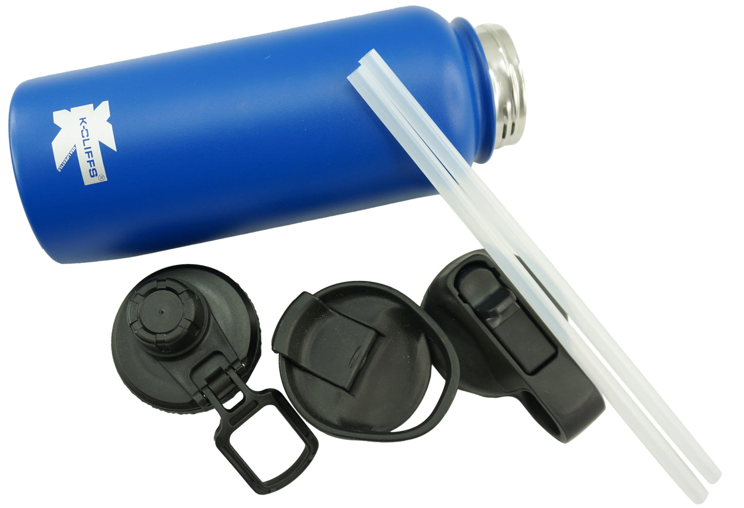 Double Wall Water Bottle Vacuum Insulated Flask Stainless Steel BPA Free 3 Lids Included Straw / Coffee / Sport Cap Blue 32oz