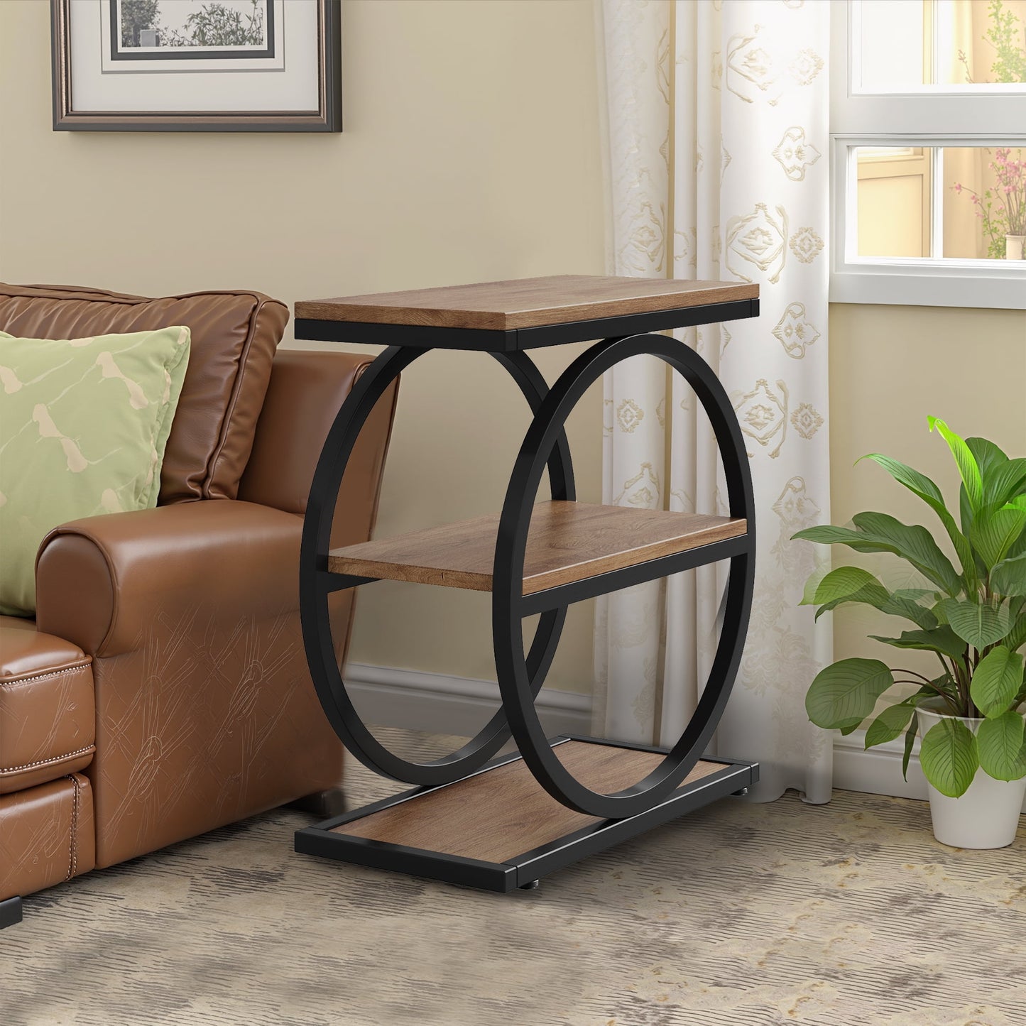 MAYEERTY Industrial 3-Tier Side Table, Slim End Table with Round Metal Frame, for Living Room, Bedroom & Outdoor Use