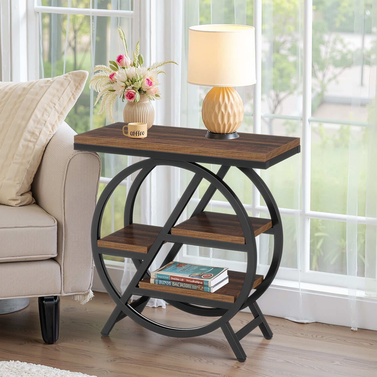 MAYEERTY 4-Tier End Table, Industrial Small Side Snack Table with Storage Shelves, Sturdy Metal Frame, Adjustable Feet, Easy Assembly for Living Room, Bedroom