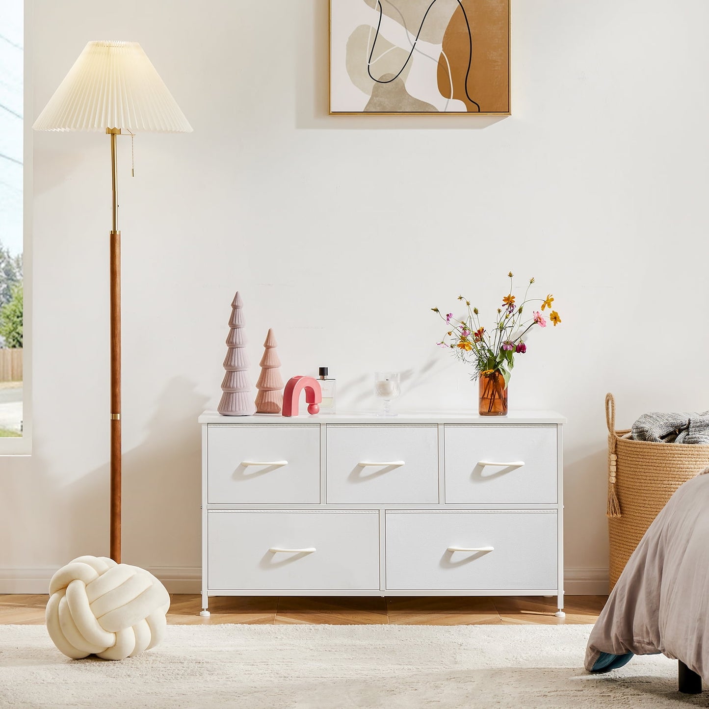 MAYEERTY 5 Drawers Dresser for Bedroom, Fabric Chest of Drawers Tall Storage Tower, White