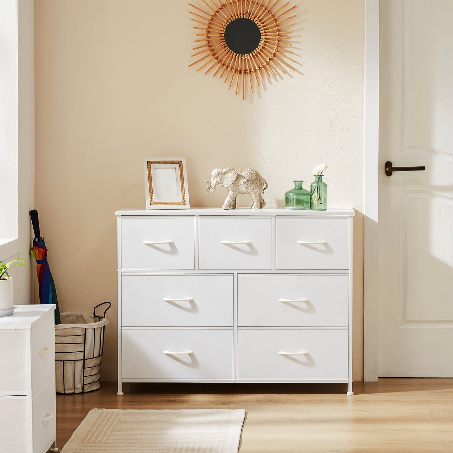 MAYEERTY 7-Drawer Fabric Storage Tower, Versatile Organizer with Wood Top for Bedroom, Living Room, White