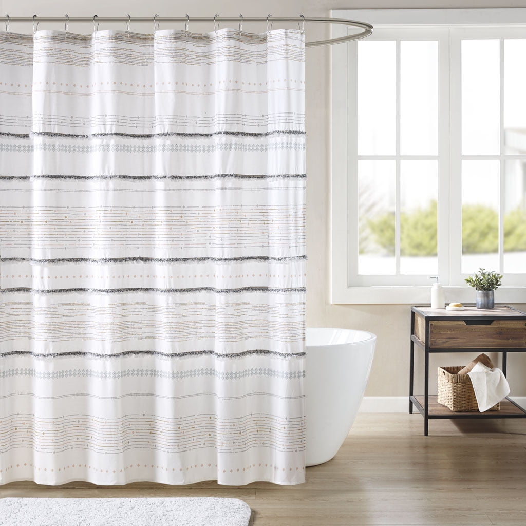 MAYEERTY Cotton Printed Shower Curtain, Off White+Gray,Bathroom Shower Curtains, 72" W x 72†H