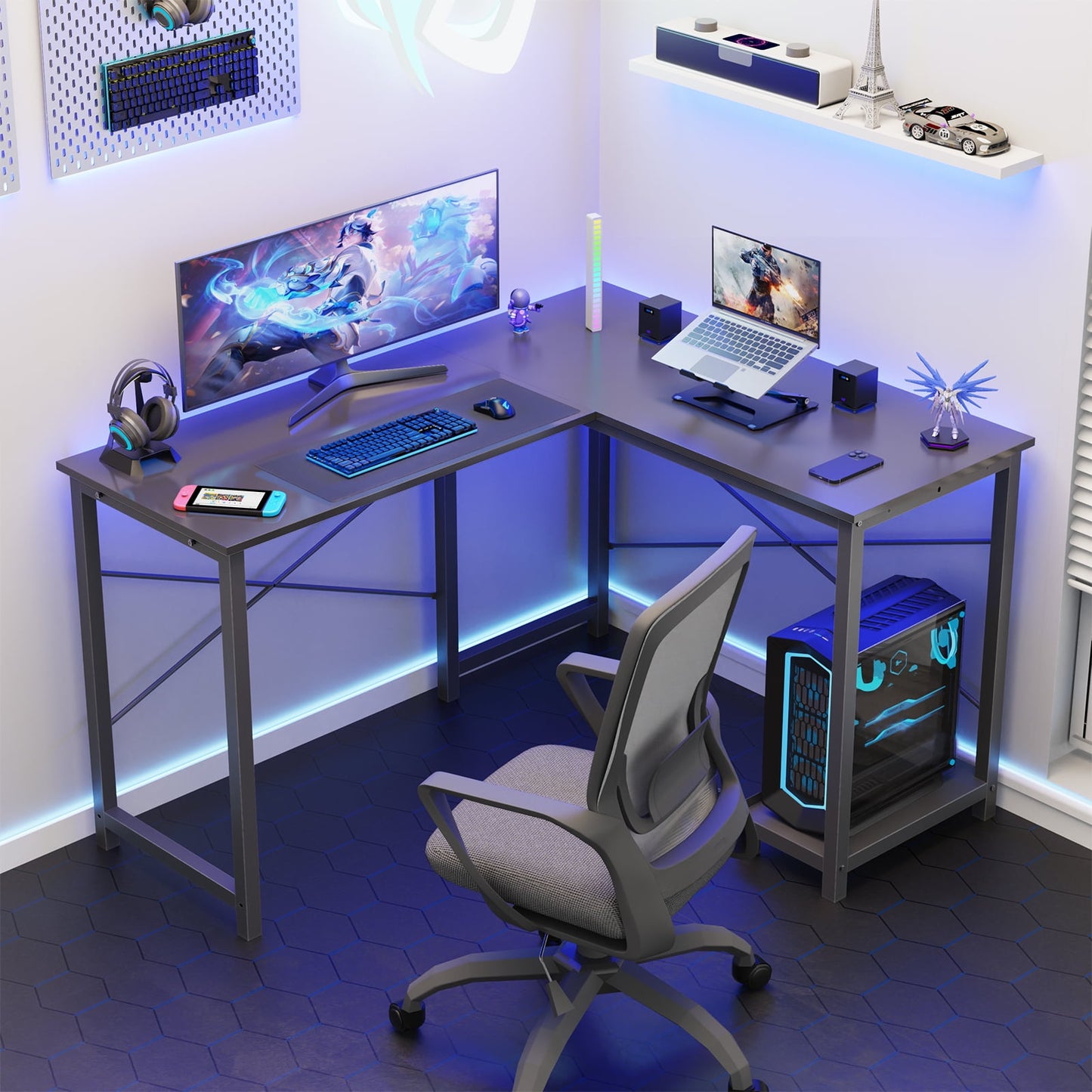 MAYEERTY L Shaped Computer Desk with Wooden Desktop CPU Stand Side Bag , Rustic