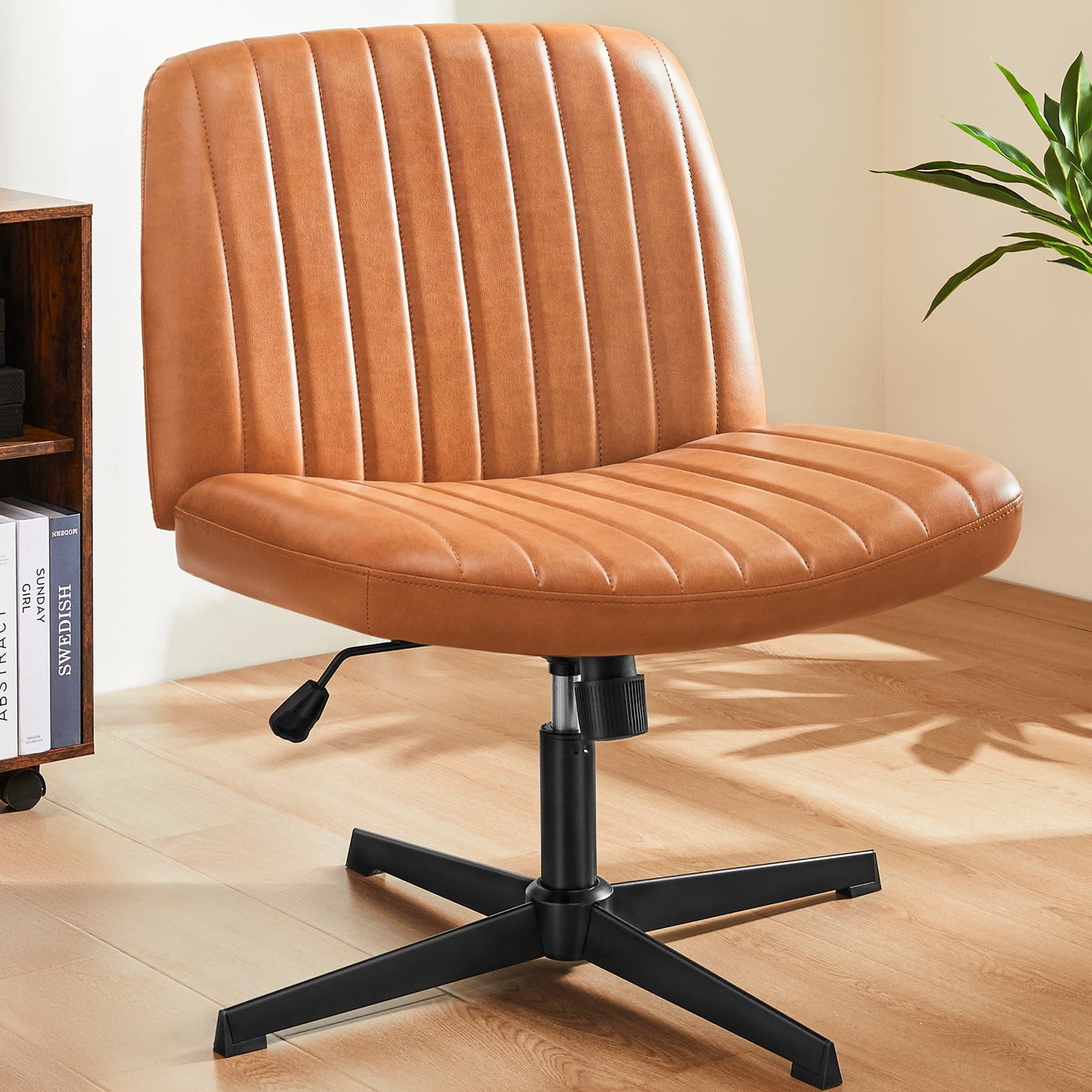 MAYEERTY Wide Desk Chair, No Wheels Cross Legged Office Chair Armless Office Chair, Brown