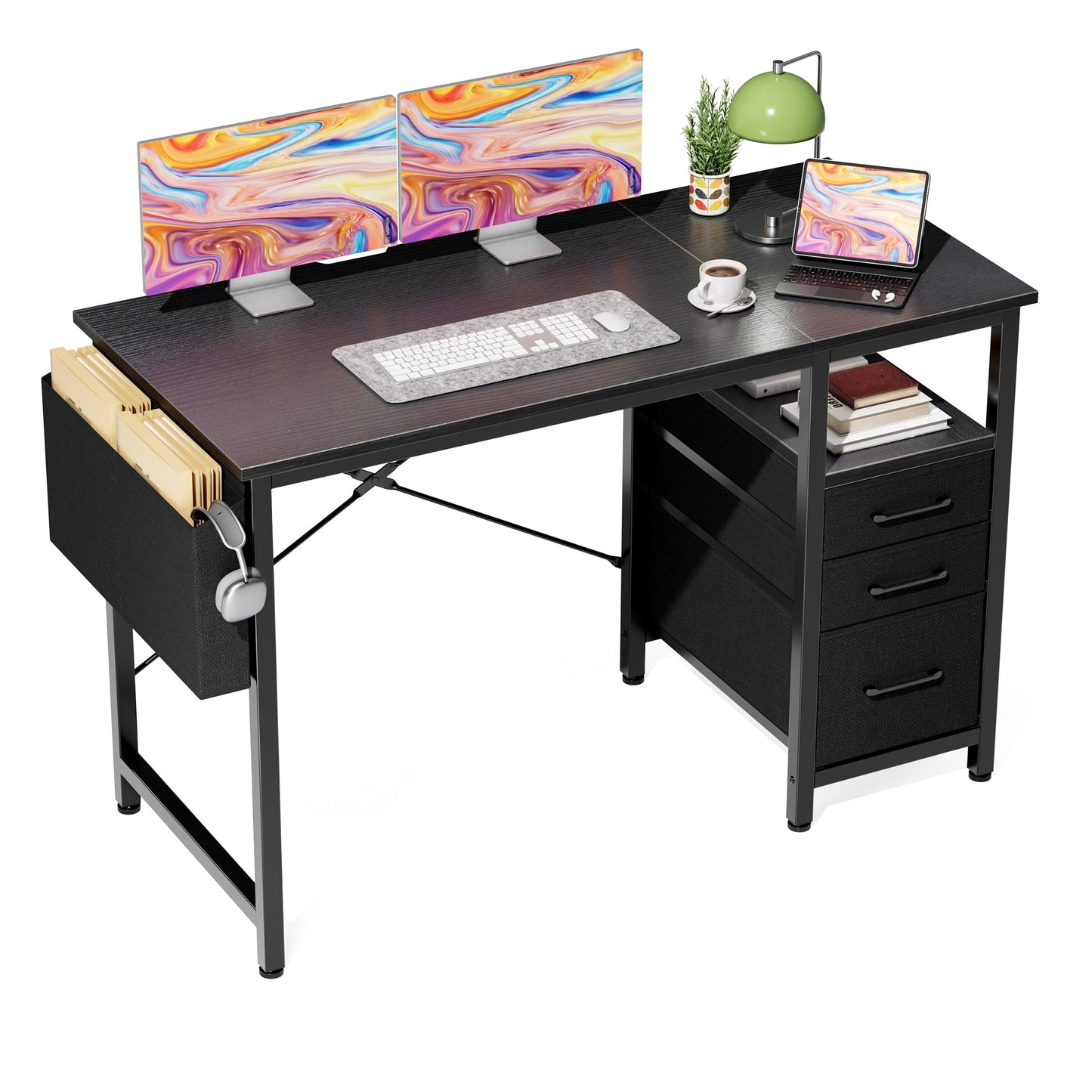 EDX 40 Inch Computer Desk with 3 Drawers, Writing Desk with Side Storage Pocket, for Home Office, Bedroom , Black