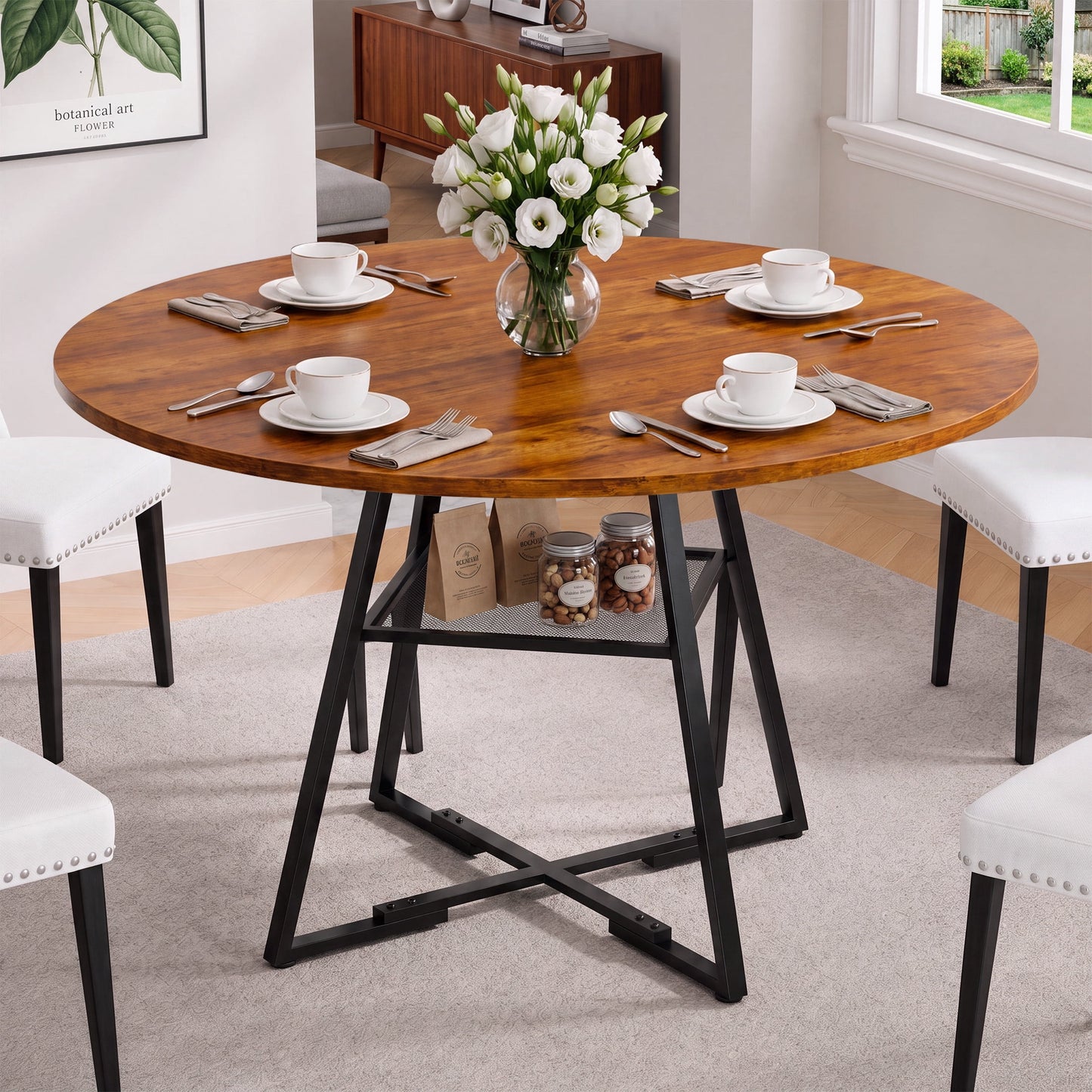 EDX 47In Round Dining Table for 4-6, Circle Kitchen Table with Pedestal Metal Frame Storage, Space Saving Farmhouse Wood Kitchen Table, for Kitchen, Living Room, Rustic Brown