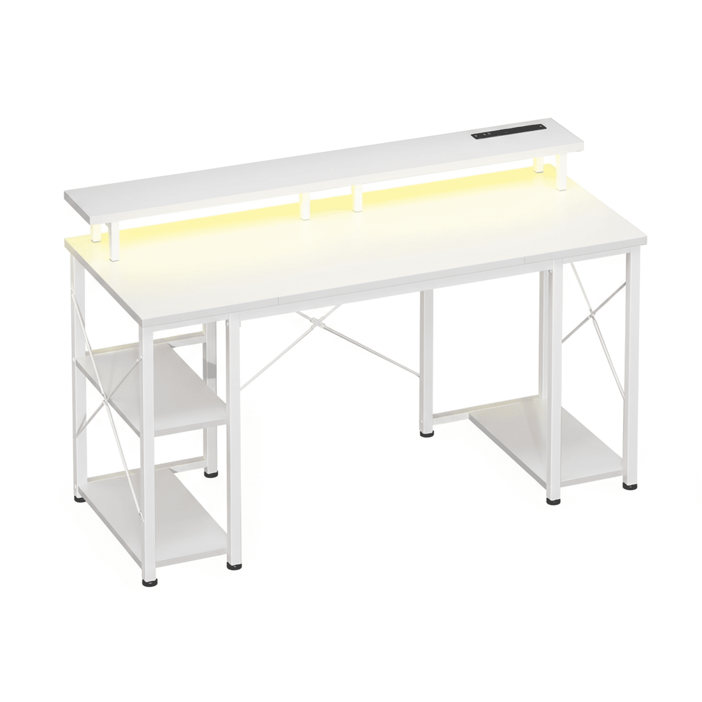 EDX 48 inch Gaming Desk with LED Lights & Power Outlets, Computer Desk with Monitor Stand & Storage Shelves, CPU Stand, Home Office Desk, White