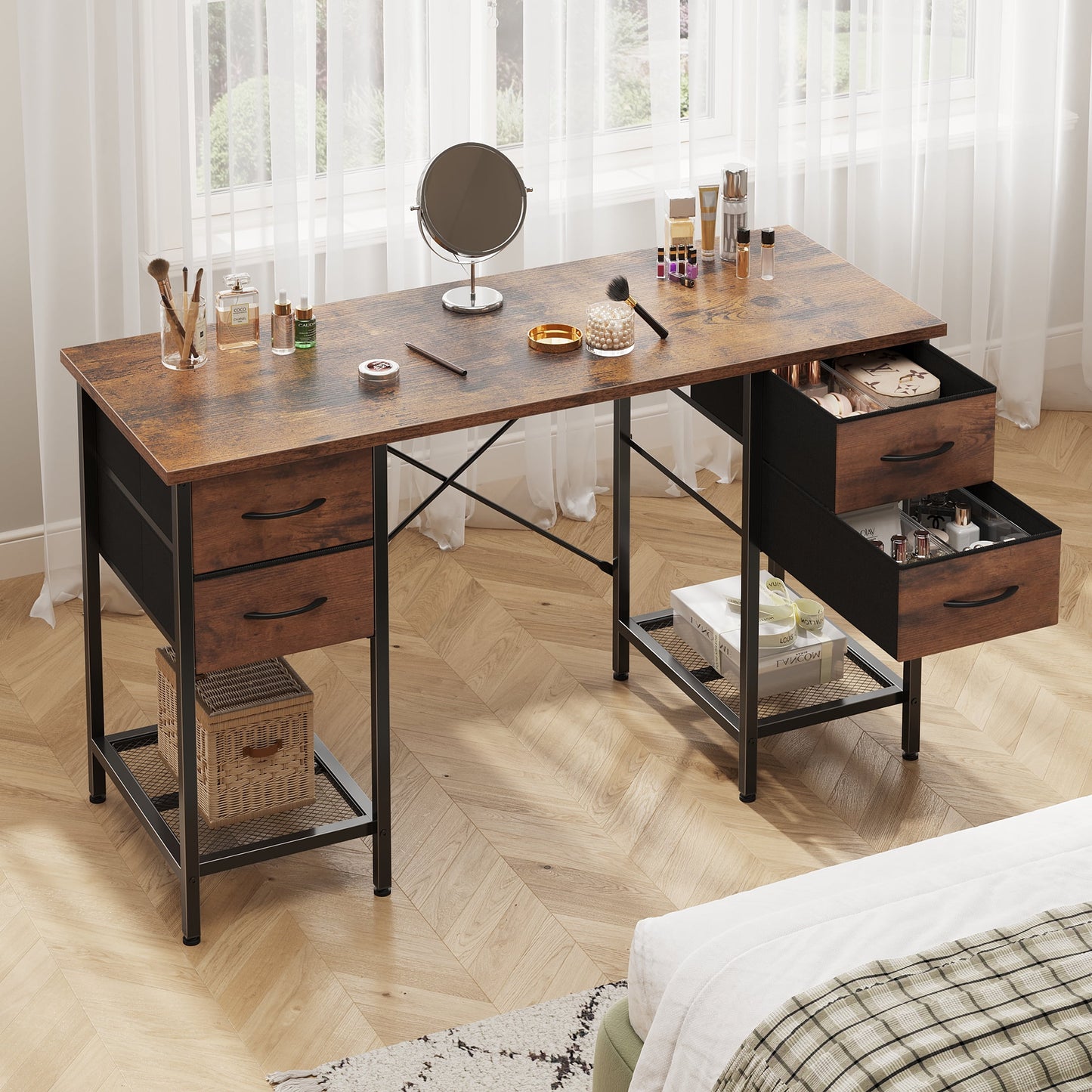 EDX 55 Inch Computer Desk with 4 Drawers, Office Desk with Mesh Shelf, Gaming Desk, Writing Work Desk , Large Storage, Rust
