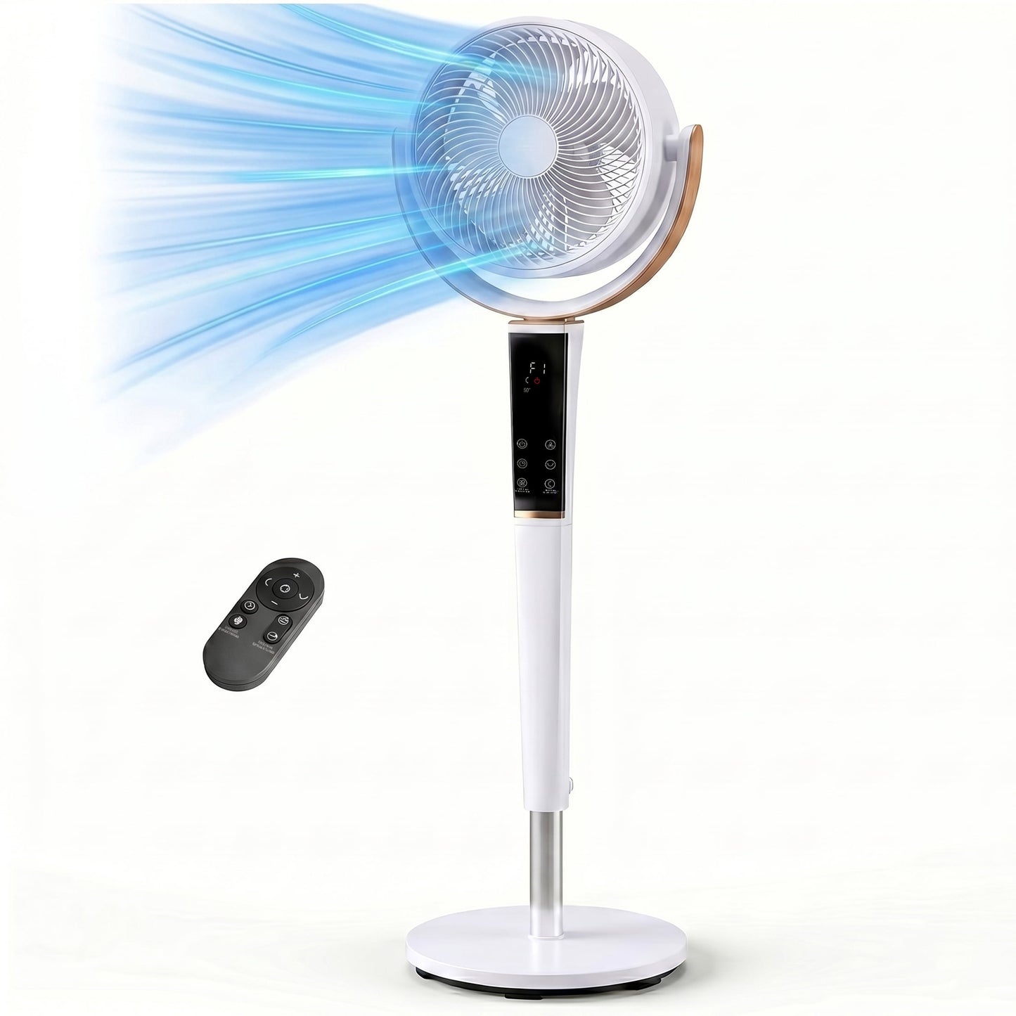 EDX Bedroom Pedestal Fan, Quiet 20dB DC Air Circulator, 15 Speeds 5 Modes, 120° Oscillation, 12H Timer, 1050CFM Airflow, 37-45" Adjustable Height, LED Light, Standing Fan with Remote, Black
