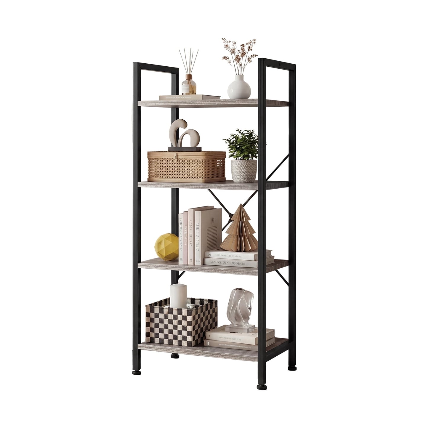 EDX Bookcase, 4 Tier Book Shelf, Storage Shelf, Classic Modern Bookcase for CDs, Movies, Books, Industrial Bookcase for Home Office, Living Room, Kitchen, Bedroom, Wood Gray