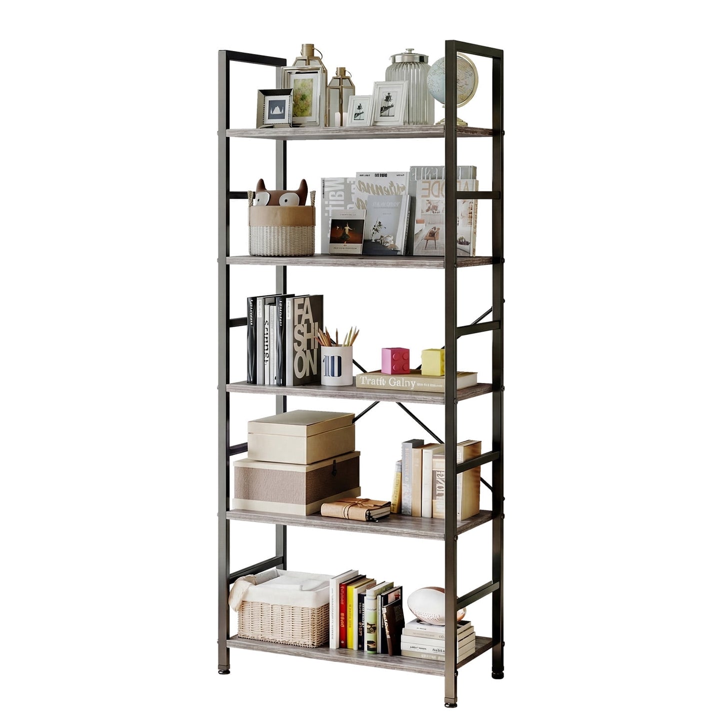 EDX Bookcase, 5 Tier Book Shelf, Storage Shelf, Classic Modern Bookcase for CDs, Movies, Books, Industrial Bookcase for Home Office, Living Room, Kitchen, Bedroom, Wood Gray