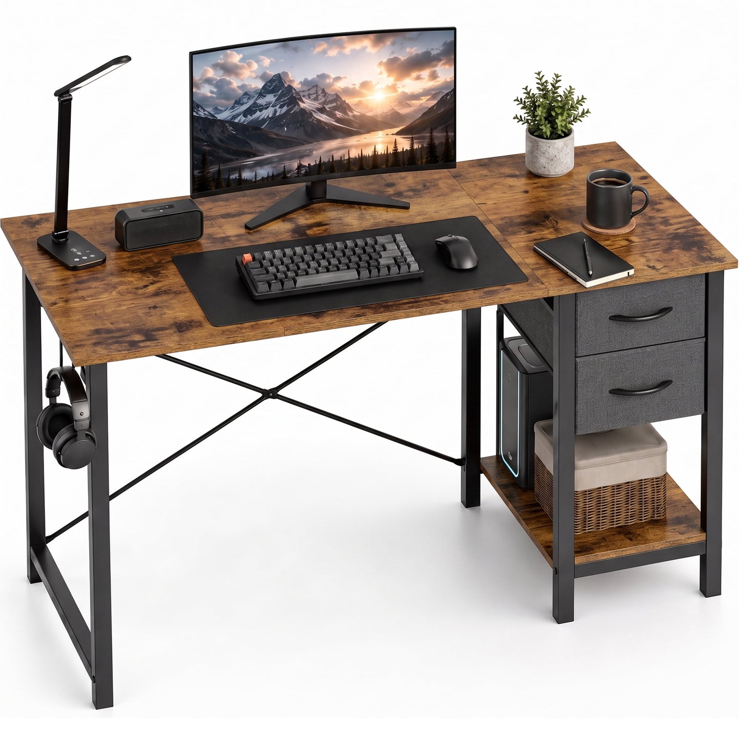 edx 47†Home Office Computer Desk with 2 Fabric Drawers, Storage Shelf, X-Frame Support, Spacious Computer Workstation Writing and Study Desk,Rust