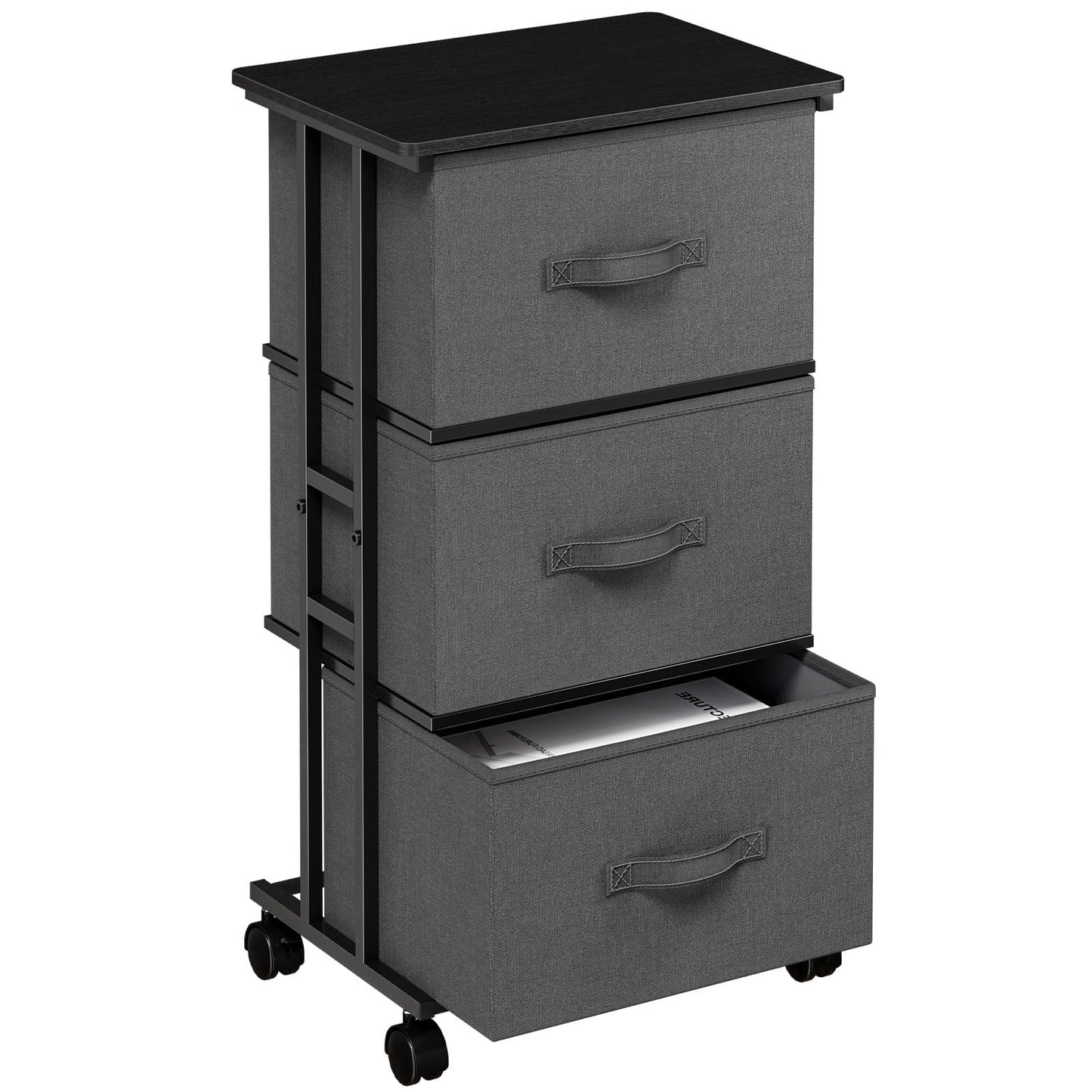 edx Rolling Nightstand with Wheels, 3 Drawer Fabric Storage for Bedroom, Entryway, Closets, Office, White
