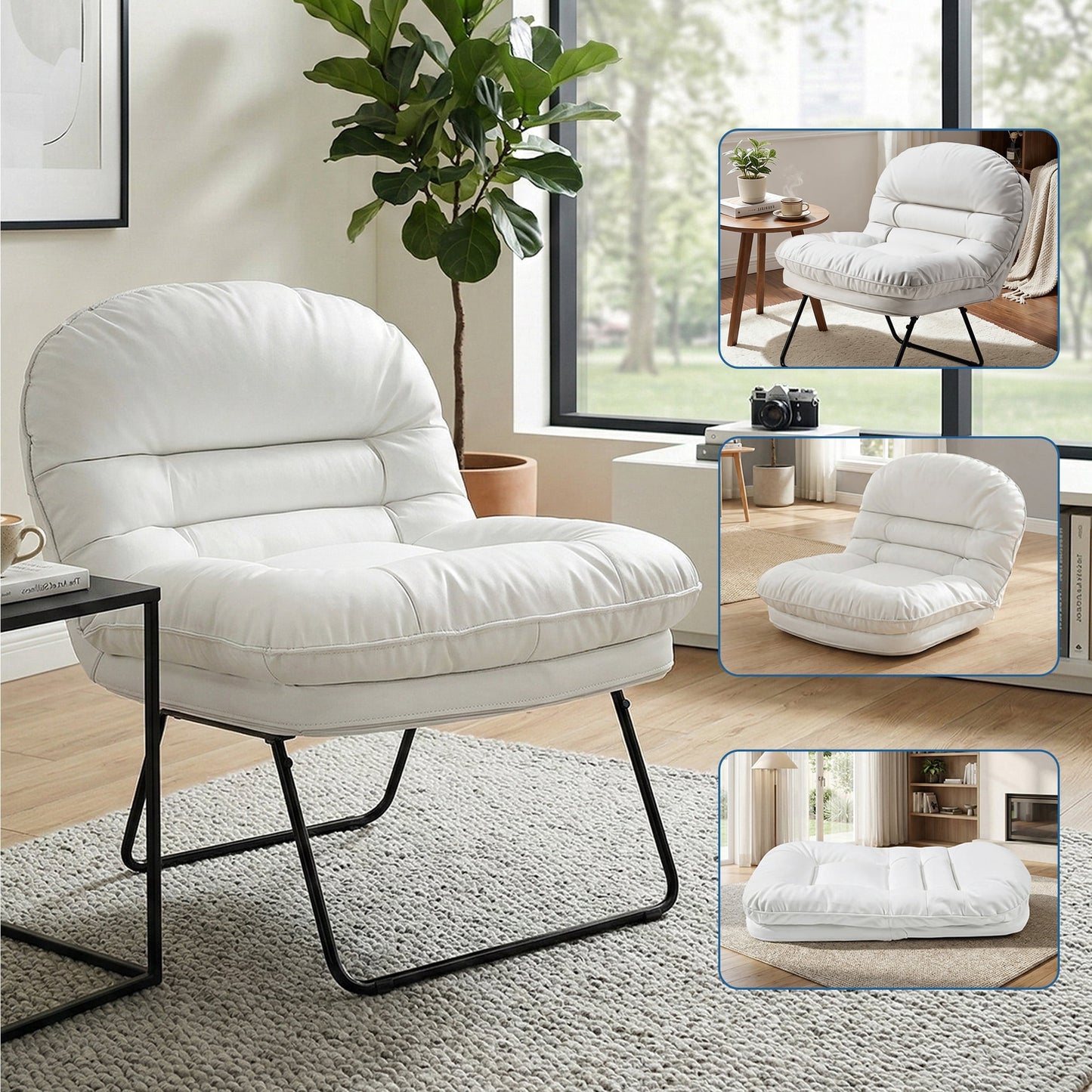 edx Saucer Chair, Folding Lounge & Floor Chairs with 6-Position Adjustable Backrest, PU Leather, for Living Room, Bedroom, Dorm & Gaming, Beige