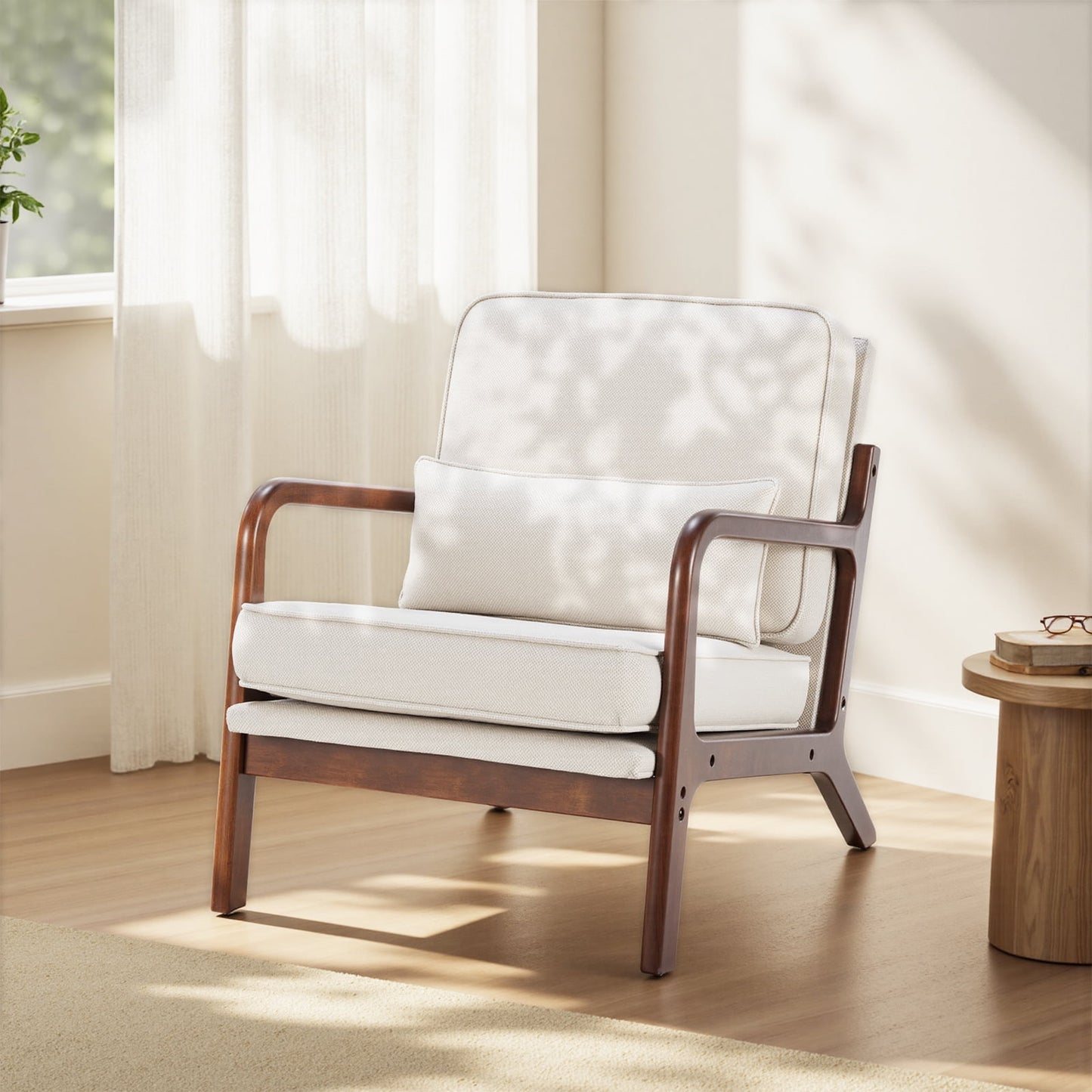 EDX Silla Decorativa Moderna de Mediados de Siglo, Sillas Cómodas de Tela para Sala de Estar con Estructura de Madera Maciza, Sillón Lounge para Leer, Fácil de Armar