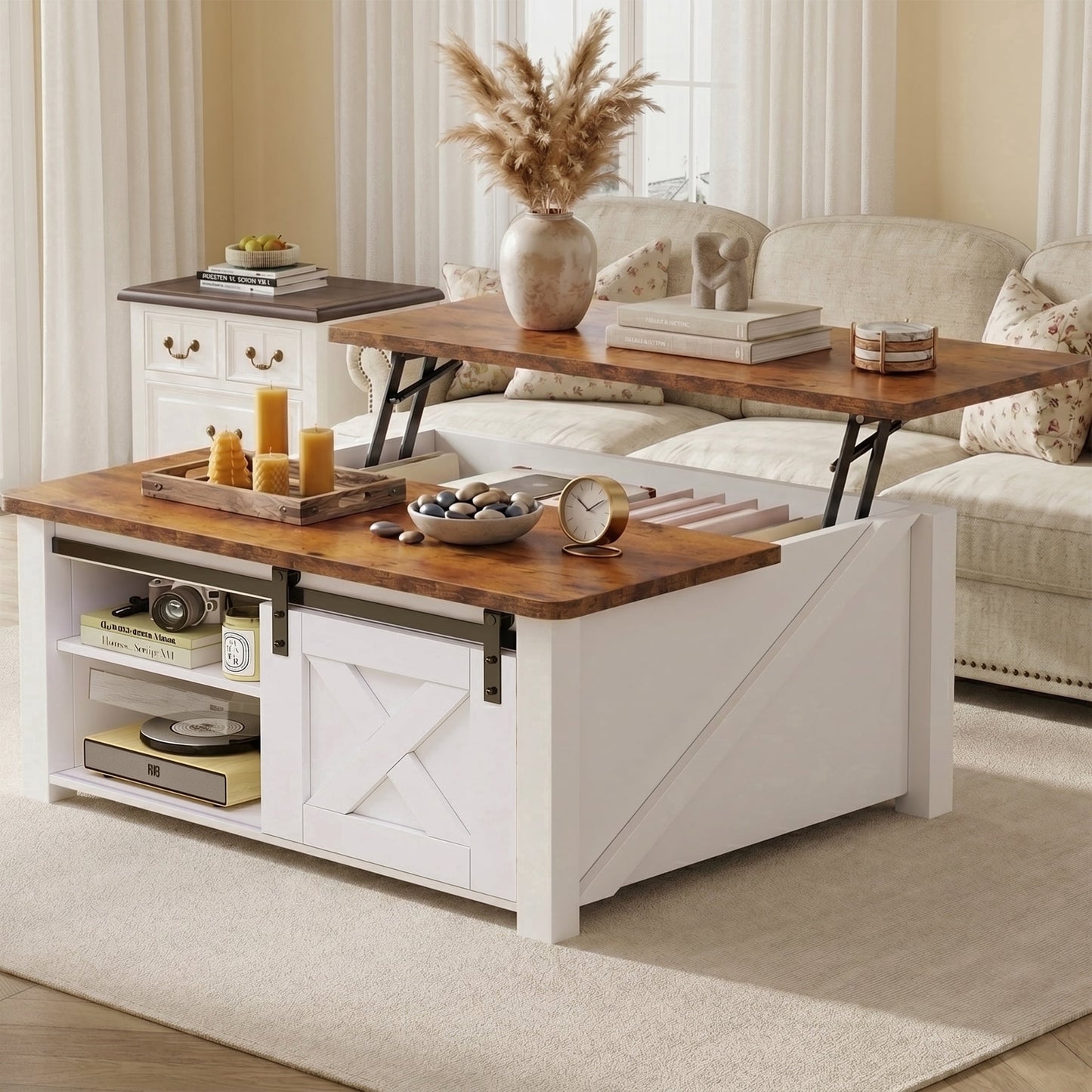 EDX Modern Lift Top Coffee Table with Hidden Storage & Adjustable Shelves, Square Farmhouse Center Table for Living Room, White