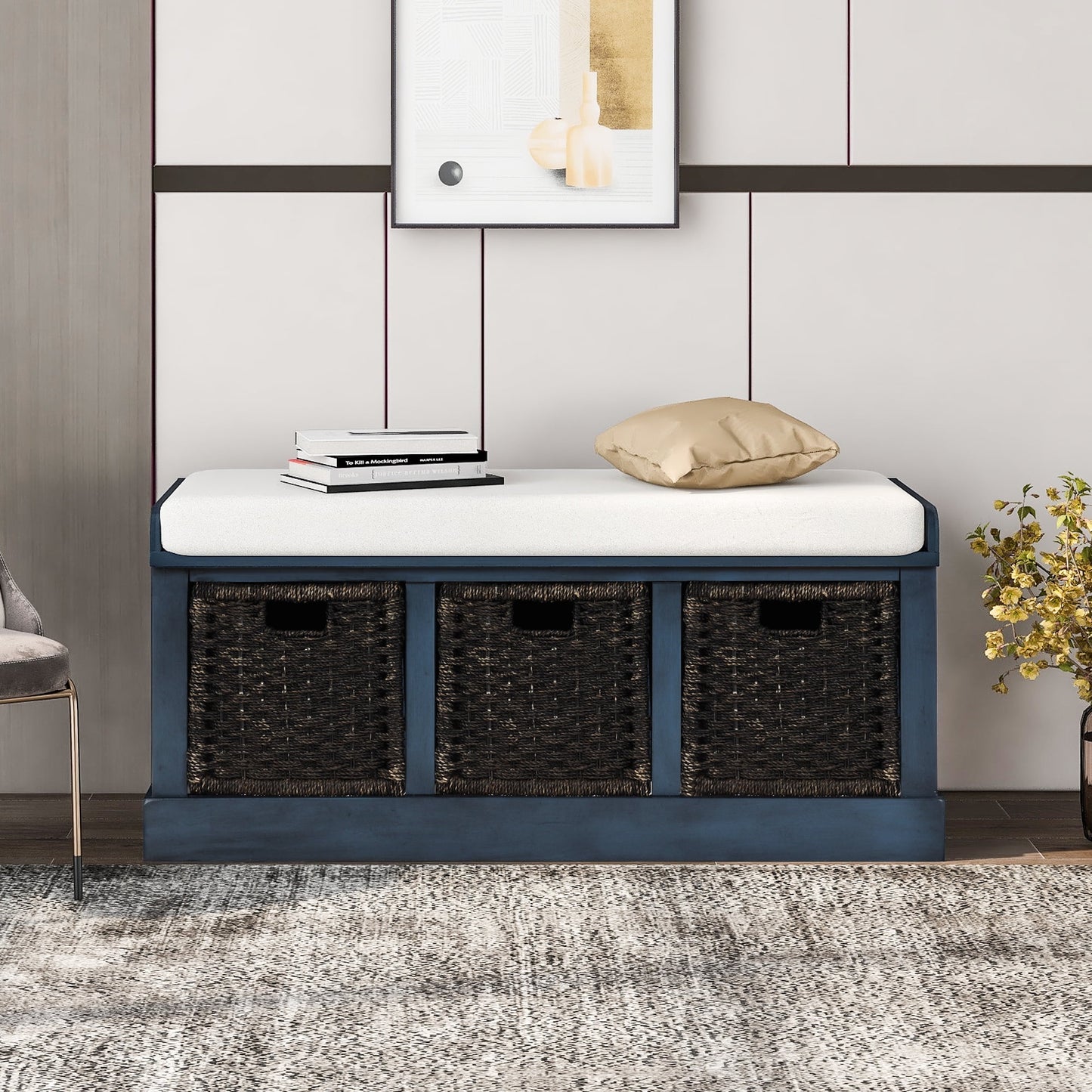 Euroco 41" Rustic Storage Bench, Wood Entry Bench with 3 Removable Classic Rattan Baskets & Removable Cushions for Living Room, Balcony, White