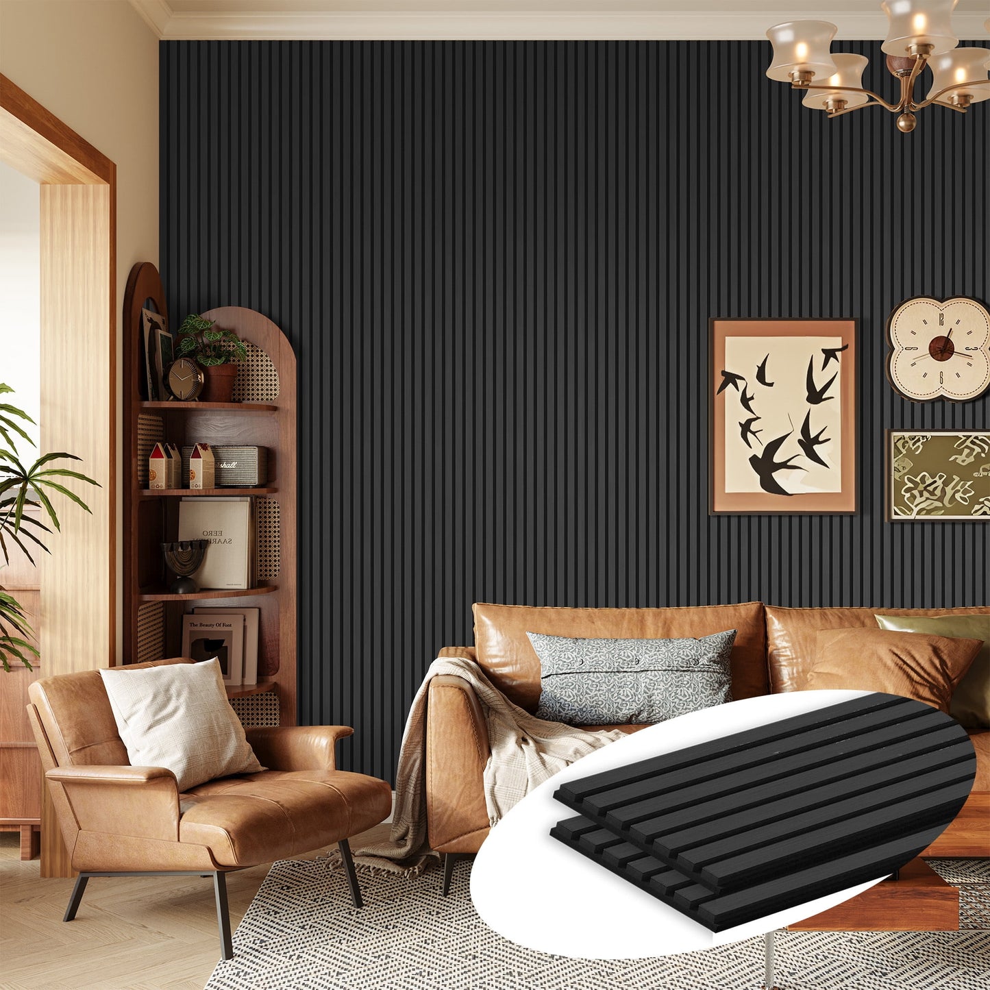 Easy4Home 2Pcs 106"x12.6" Wood Slat Acoustic Wall Panels, 3D Fluted Soundproof Decorative Panels for Interior Walls, Dark Gray