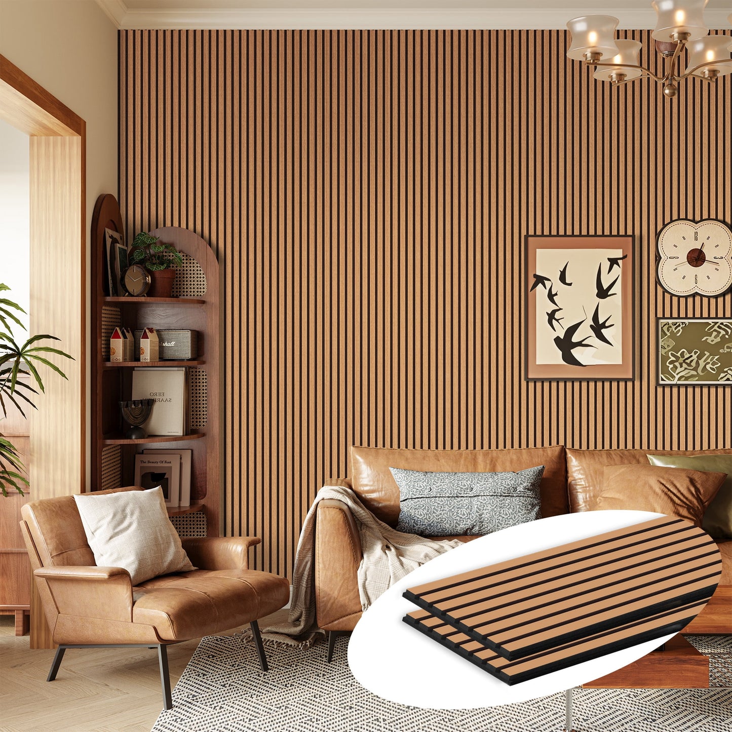 Easy4Home 2Pcs 106"x20.5" Wood Slat Acoustic Wall Panels, 3D Fluted Soundproof Decorative Panels for Interior Walls, Light Brown