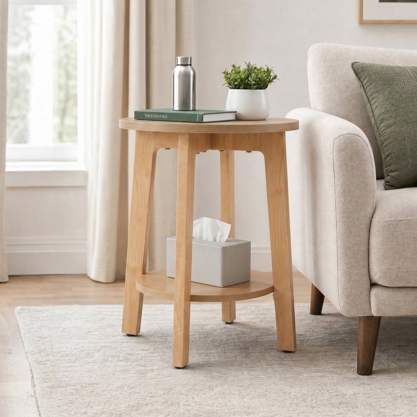 EDX Small Round End Table, Modern Nightstand with Tapered Legs, 2-Tier Storage Side Table, Easy Assembly, Space-Saving Accent Table for Living Room Bedroom, Natural Wood