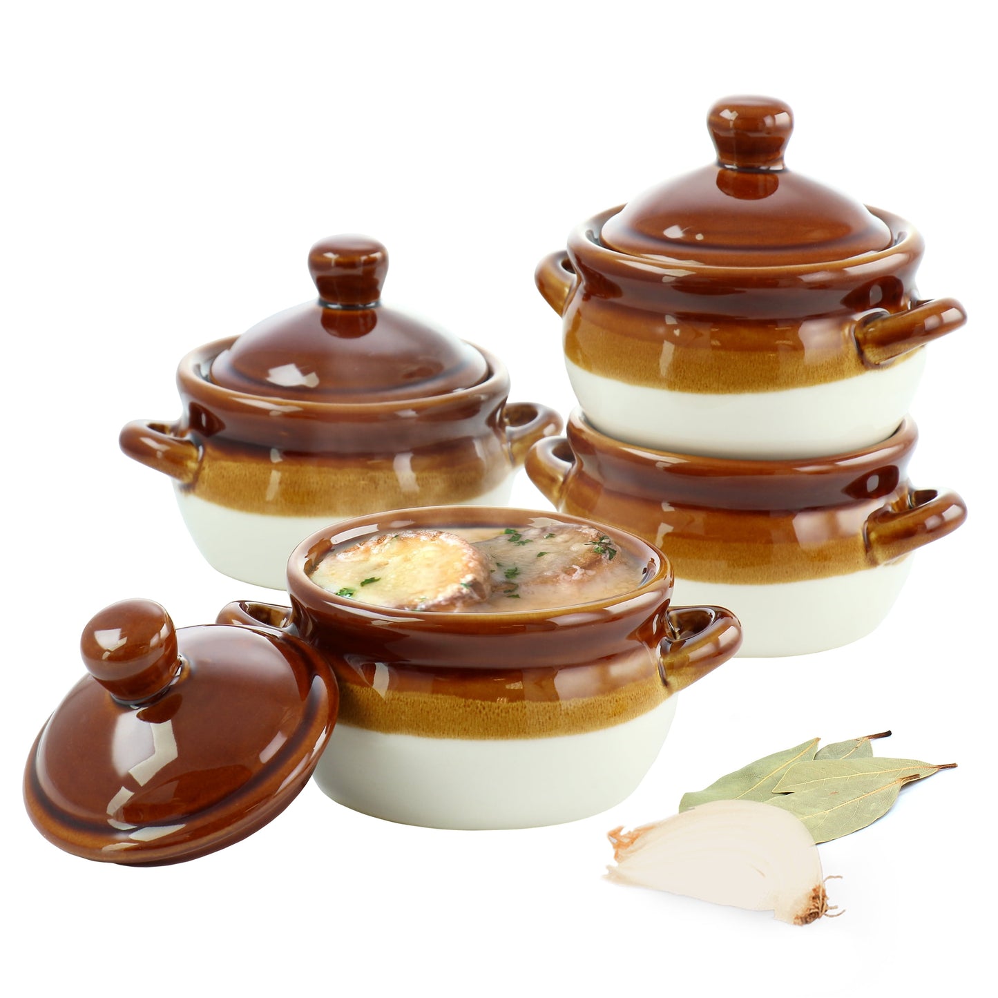 Elama 4 Piece Double Handle 15 Ounce Stoneware French Onion Soup Bowl with Lid
