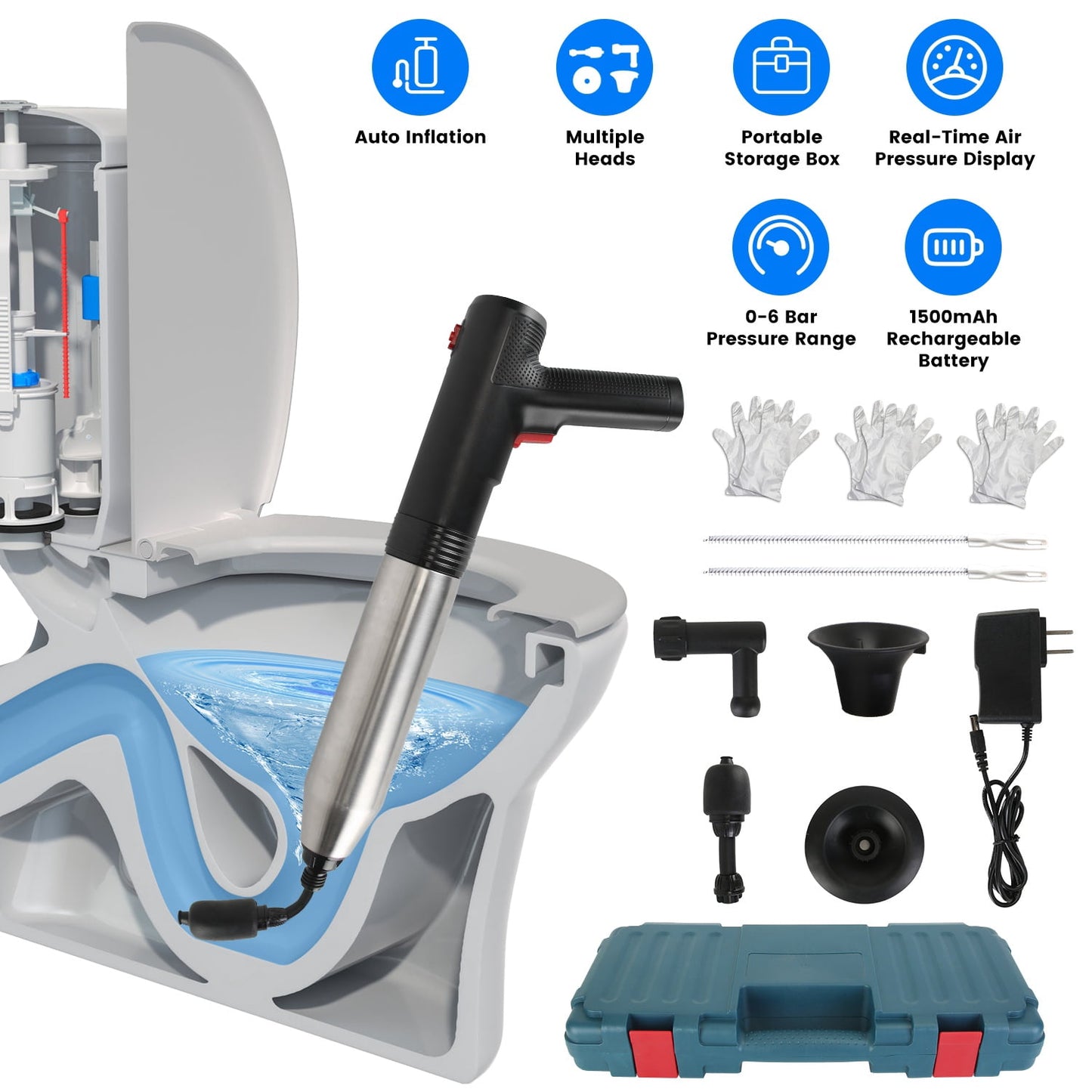 Electric Toilet Plunger, High Pressure Air Plunger Air Drain Blaster Drain Clog Remover with Real Time Pressure Display for Toilets Bathroom Floor Drain Kitchen Sinks Plumbing Clogs