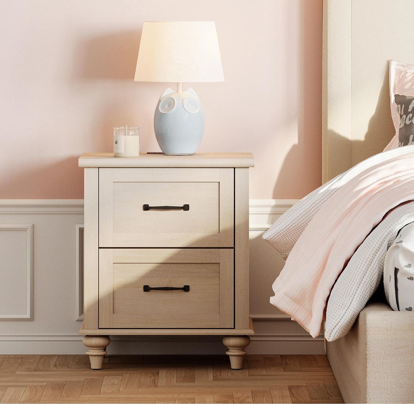 End Table with Charging Station, 2-Drawer Nightstand for Bedroom, Elegant Side Table for Living Room, Dorm, Beige