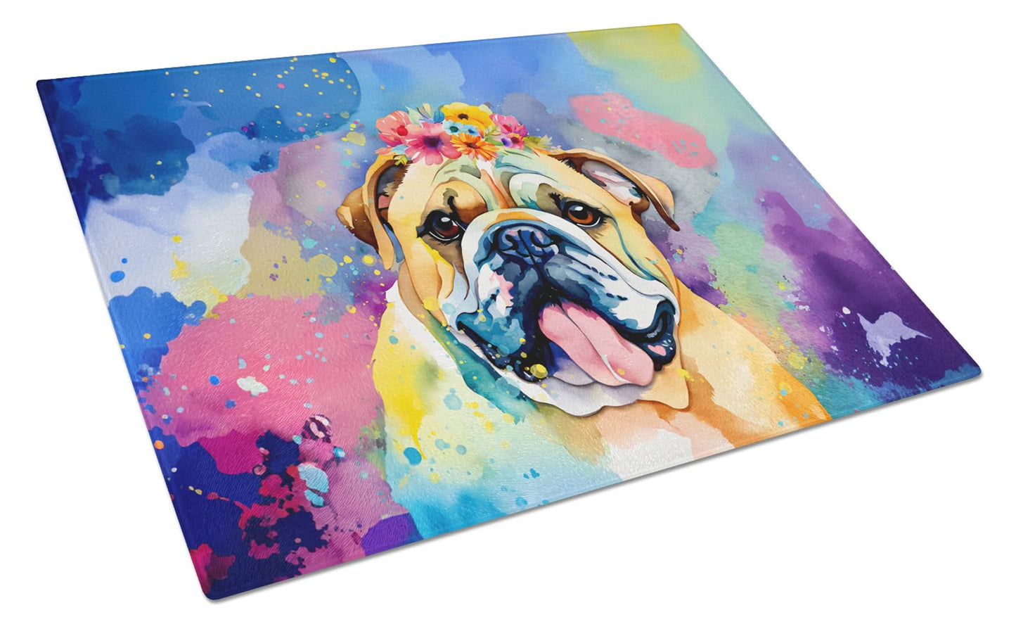 English Bulldog Hippie Dawg Glass Cutting Board Large 12 in x 15 in