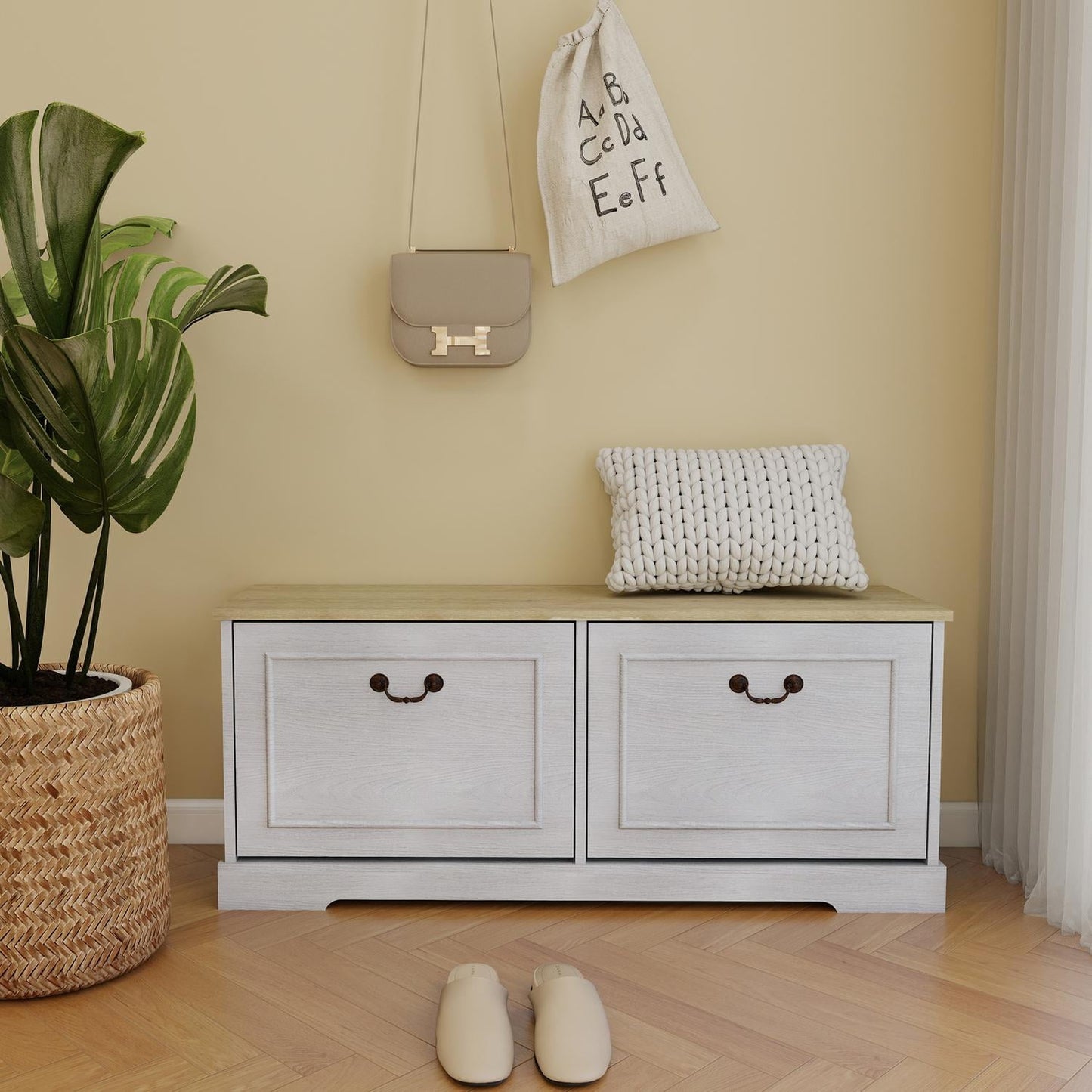 Entryway Shoe Storage Bench with 2 Flip-Top Drawers, Each with 3-Level Adjustable Storage, Space-Saving Design with Ventilated Back, Long Bench Seat, Antique White (41.33"L)
