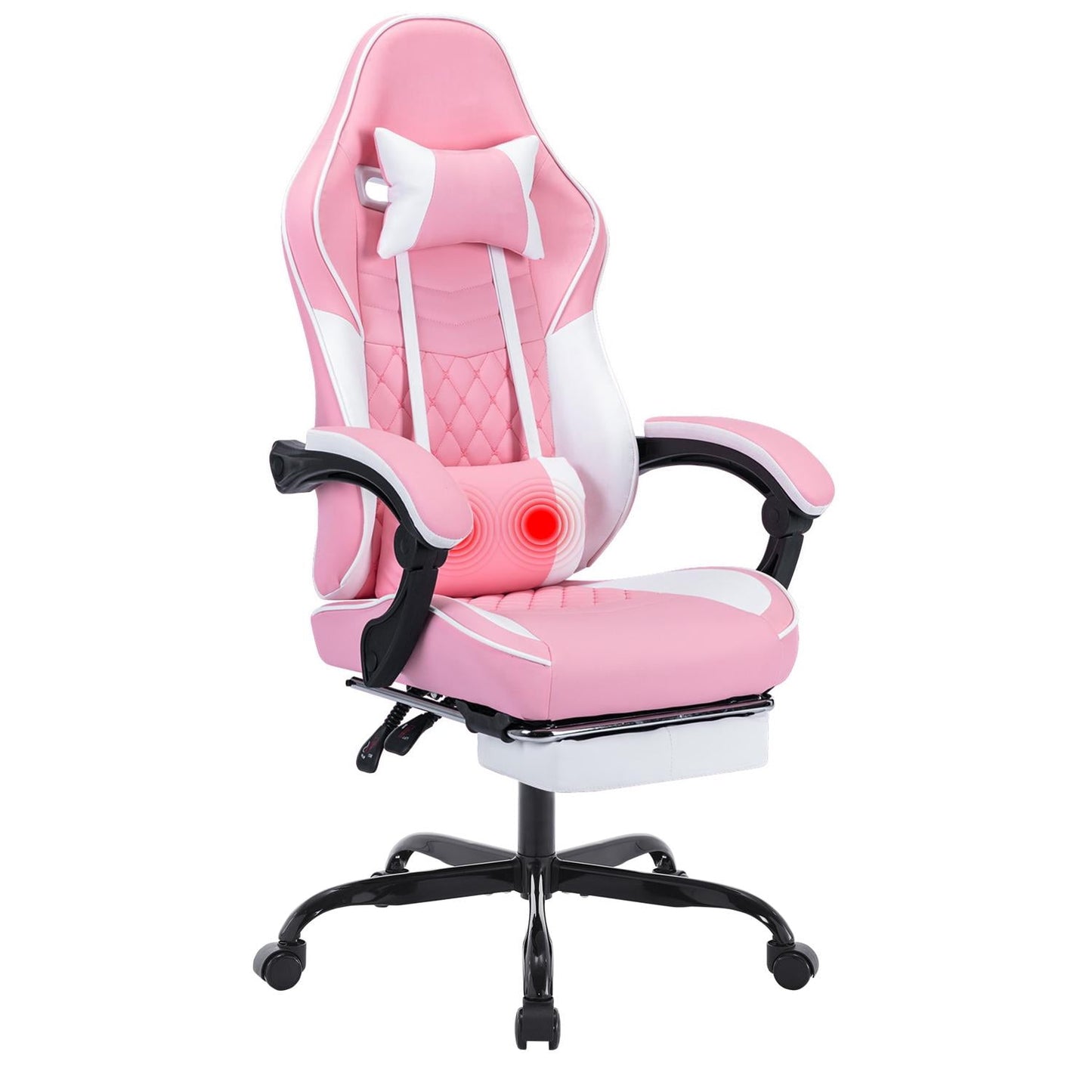Ergonomic Gaming Chair with Massage Lumbar Support & Footrest, Racing Style Computer Chair with Adjustable Headrest for Home Office, Comfortable, Pink White