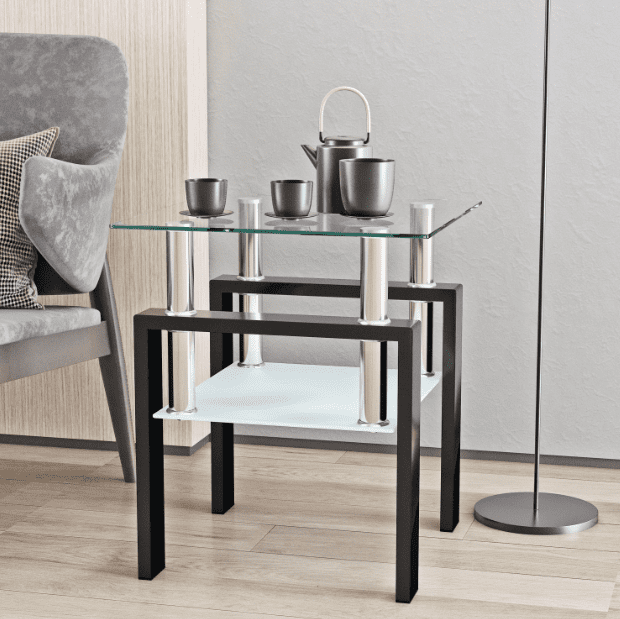 Euroco 1-Piece Modern Tempered Glass Tea Table Coffee Table End Table, Square Table for Living Room, Transparent/Black