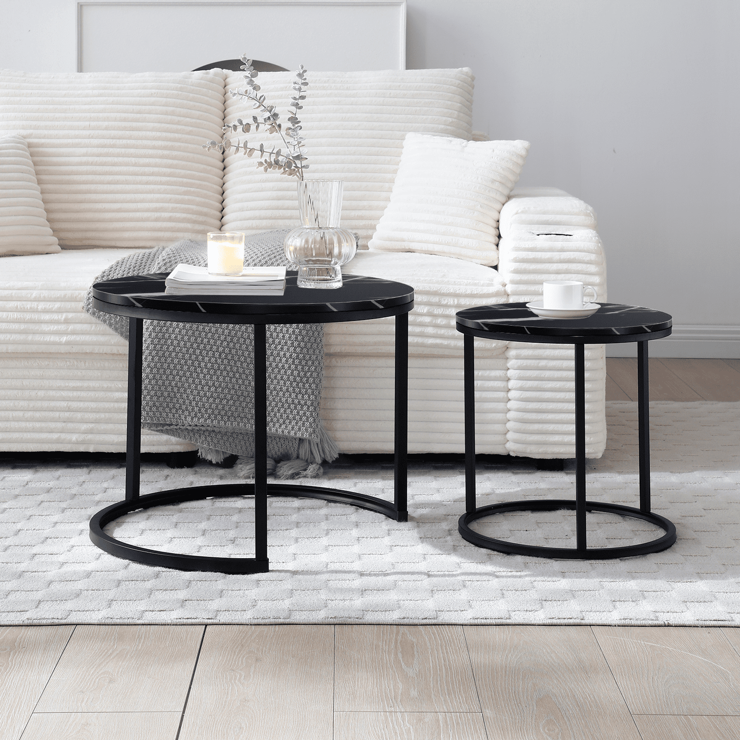Euroco 2-Piece Nesting Round Coffee Table Set,Modern Coffee Tables with Metal Frame for Living Room, Space-Saving Design, Easy Assembly