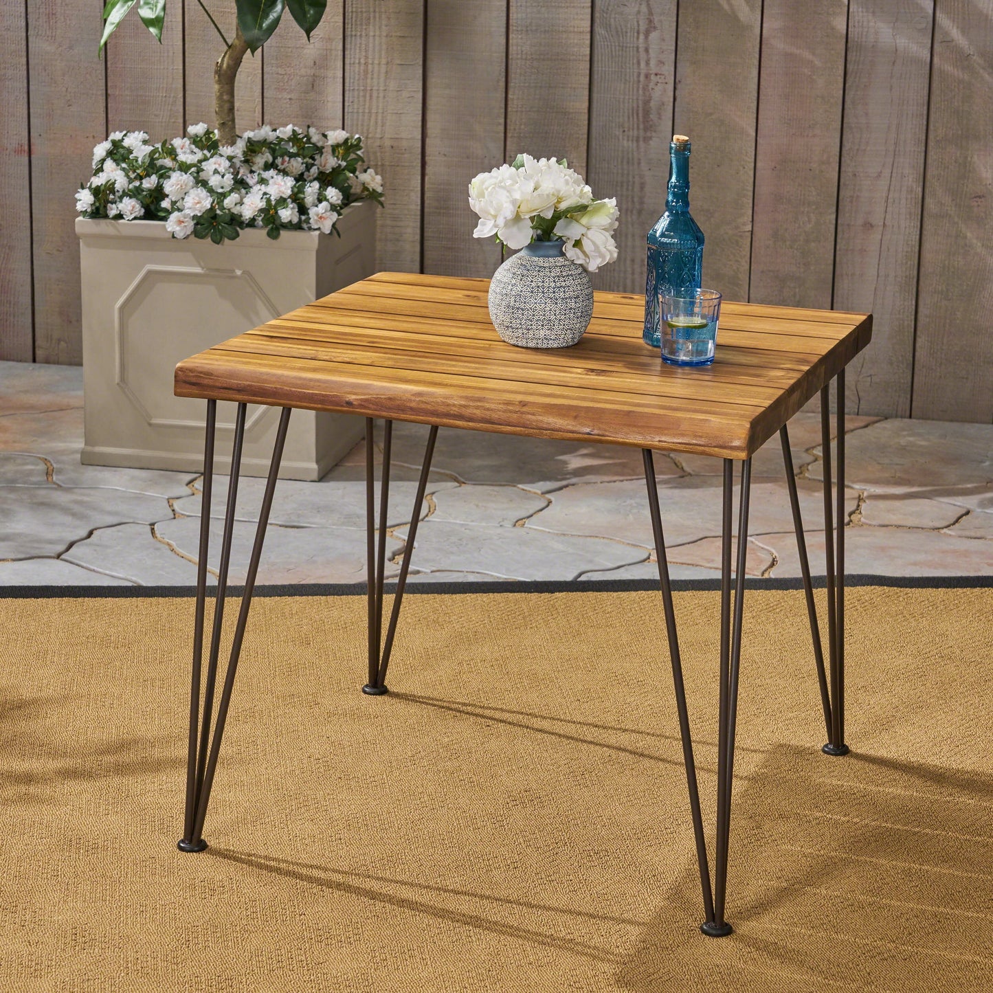 Euroco 32.5" Farmhouse Dining Table for 2, Square Kitchen Table Dinner Table with Metal Legs for Dining Room, Home Office,Teak