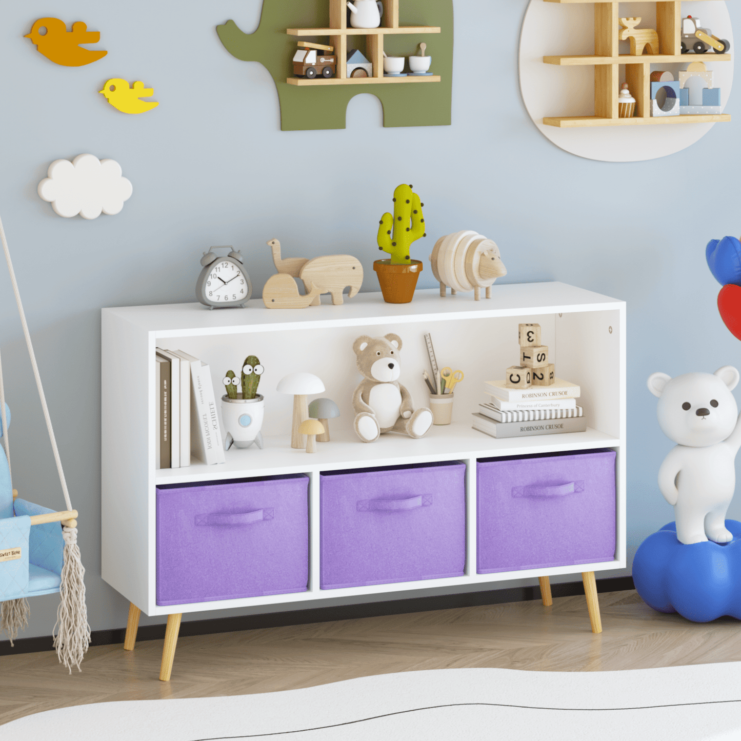 Euroco Kids bookcase with Collapsible Fabric Drawers, Children's Book Display, Toy Storage Cabinet Organizer, White/Purple