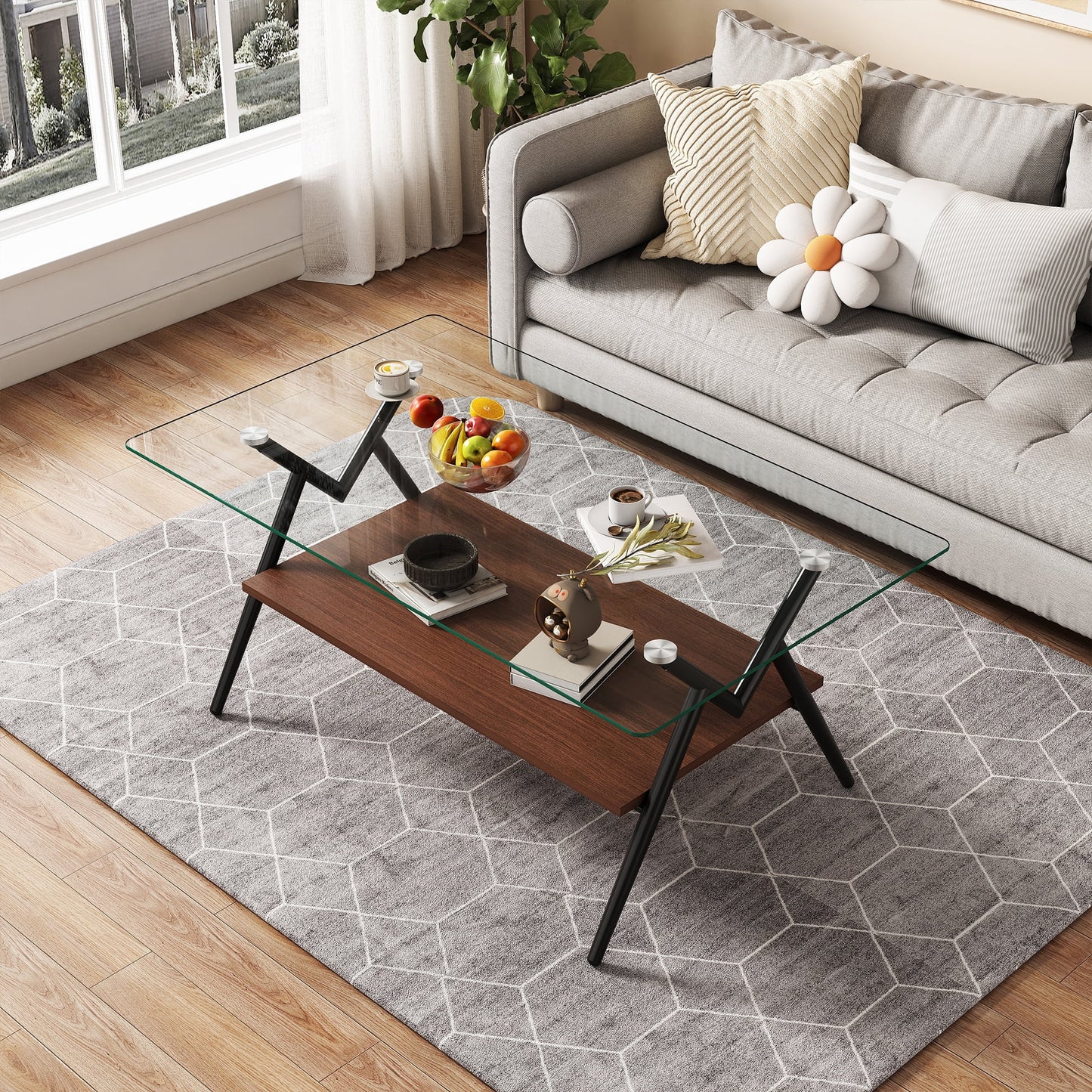 Euroco Rectangle Coffee Table with Tempered Glass top and Black Metal Legs, Modern Table for Living Room , Transparent Glass