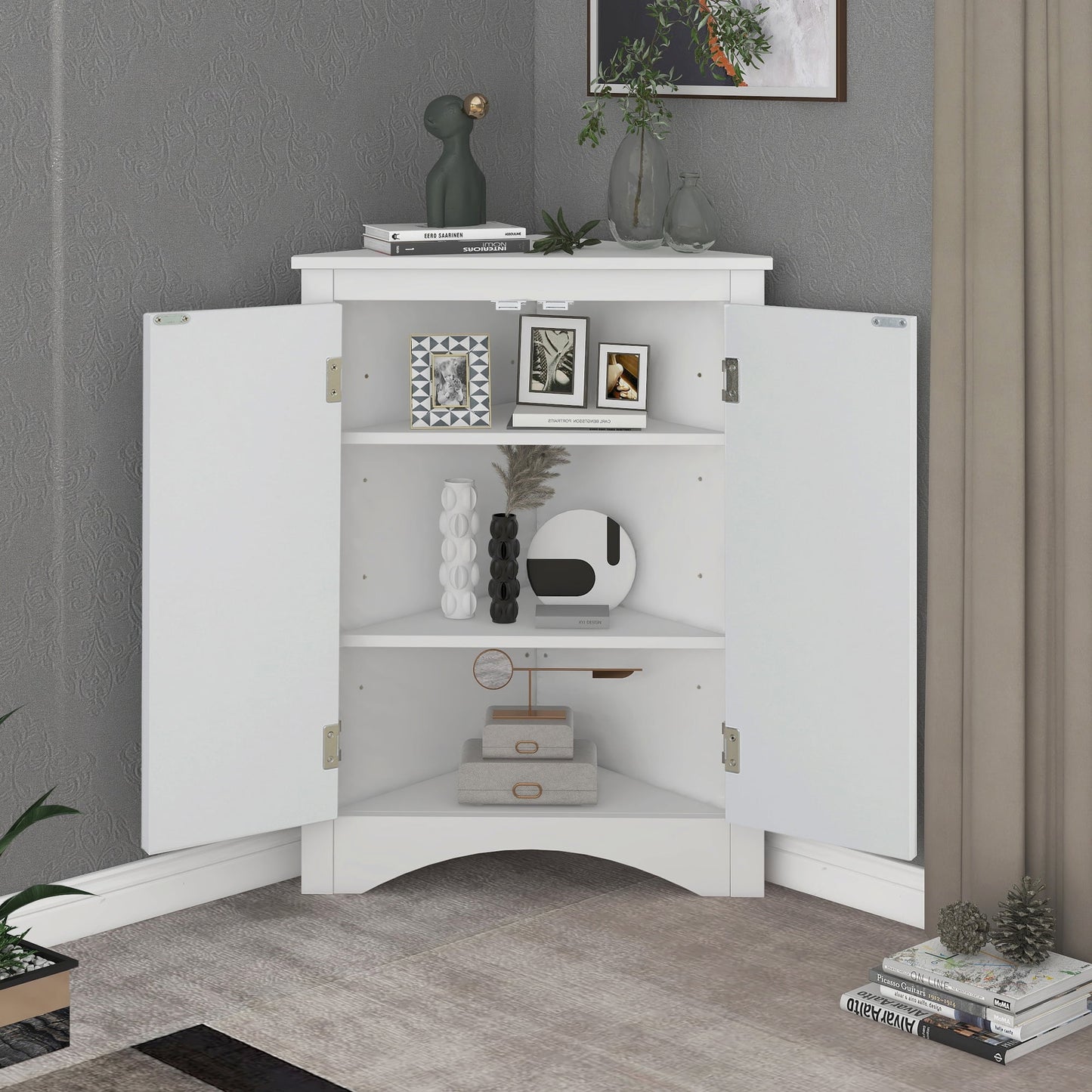 Euroco Triangle Bathroom Storage Cabinet with Adjustable Shelves, Freestanding Floor Cabinet for Home Kitchen