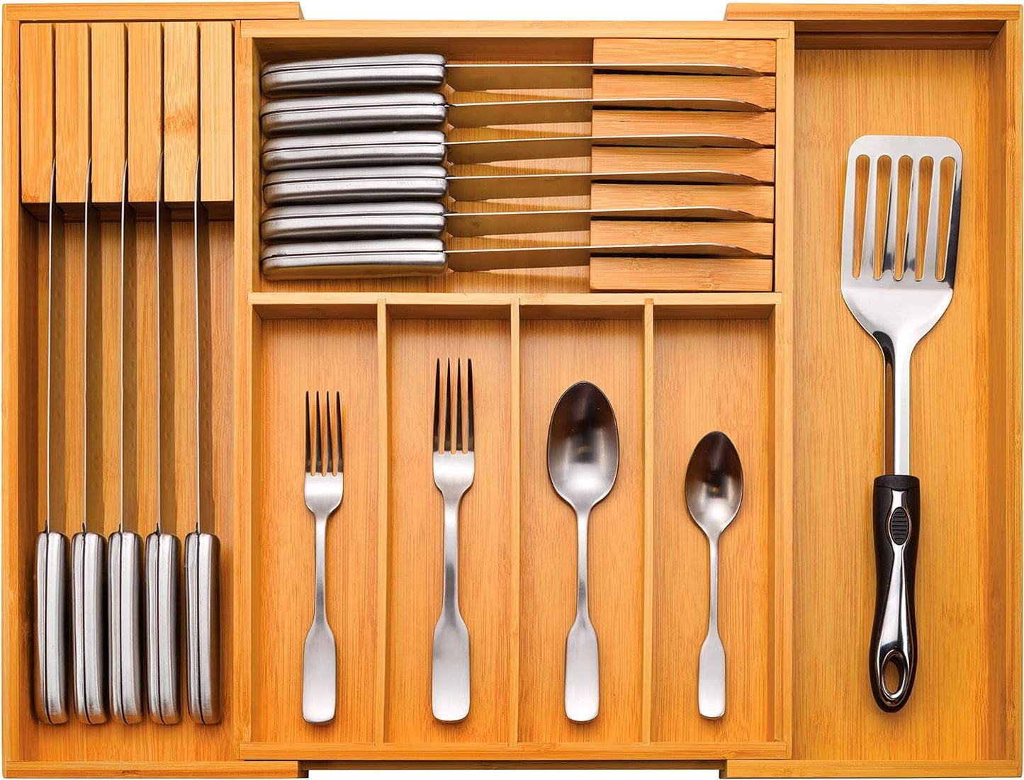 Organizador de Cubiertos Expandible - Organizador de Cajones de Cocina de Bambú, Soporte para Utensilios - Organización y Almacenamiento de Cajones en la Cocina, el Baño O el Dormitorio