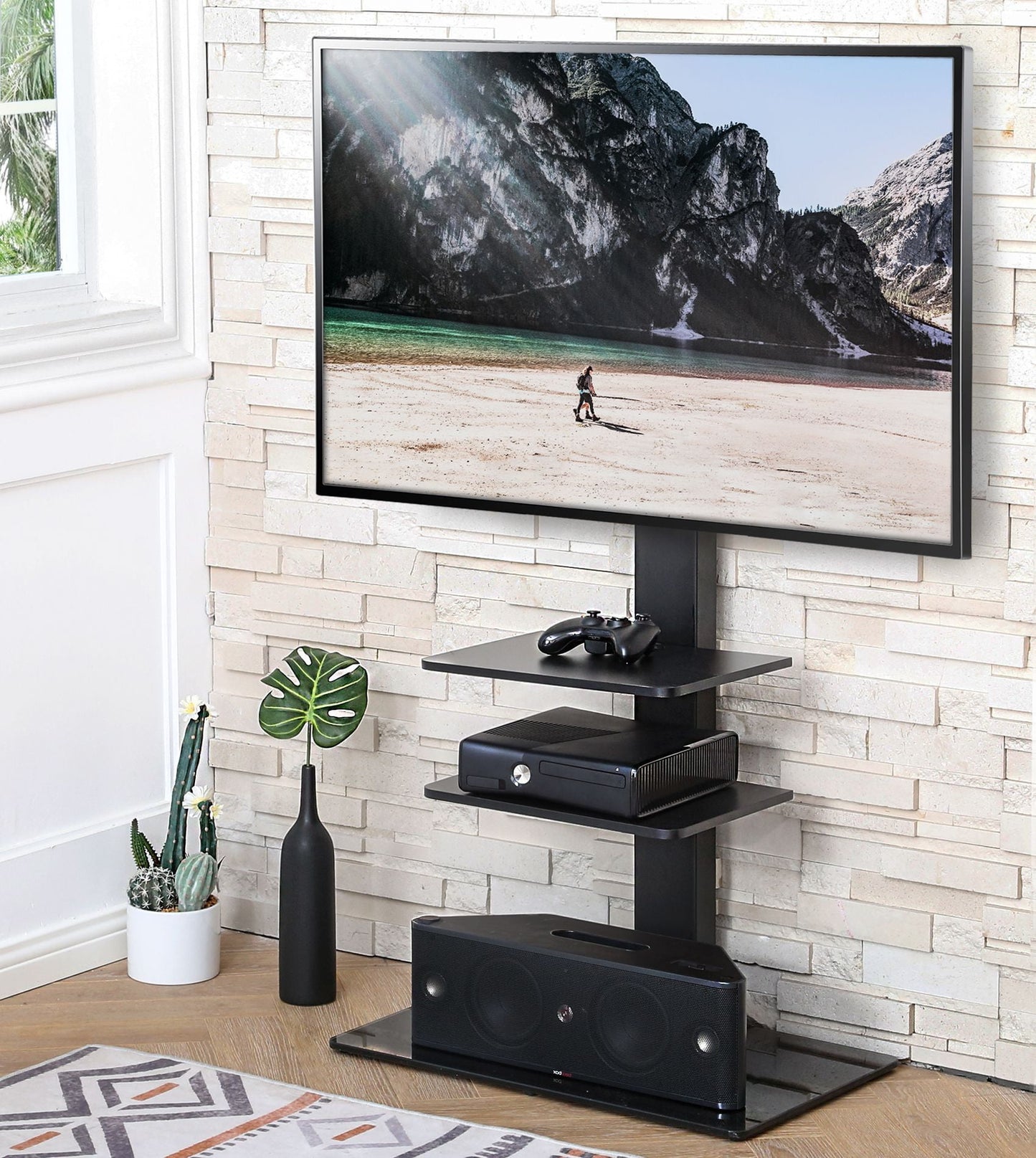 FITUEYES TV Stand with Swivel Mount Glass Base for up to 65 inch with two shelves Samsung Vizio TCL LED LCD flat screen TVs,TT307001MB-1