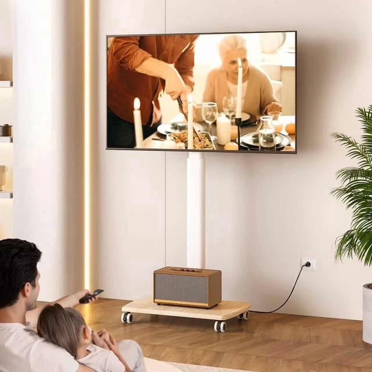FITUEYES Modern Rolling TV Stand with Wheels and Power Outlets for 32-65 inch Screens, White