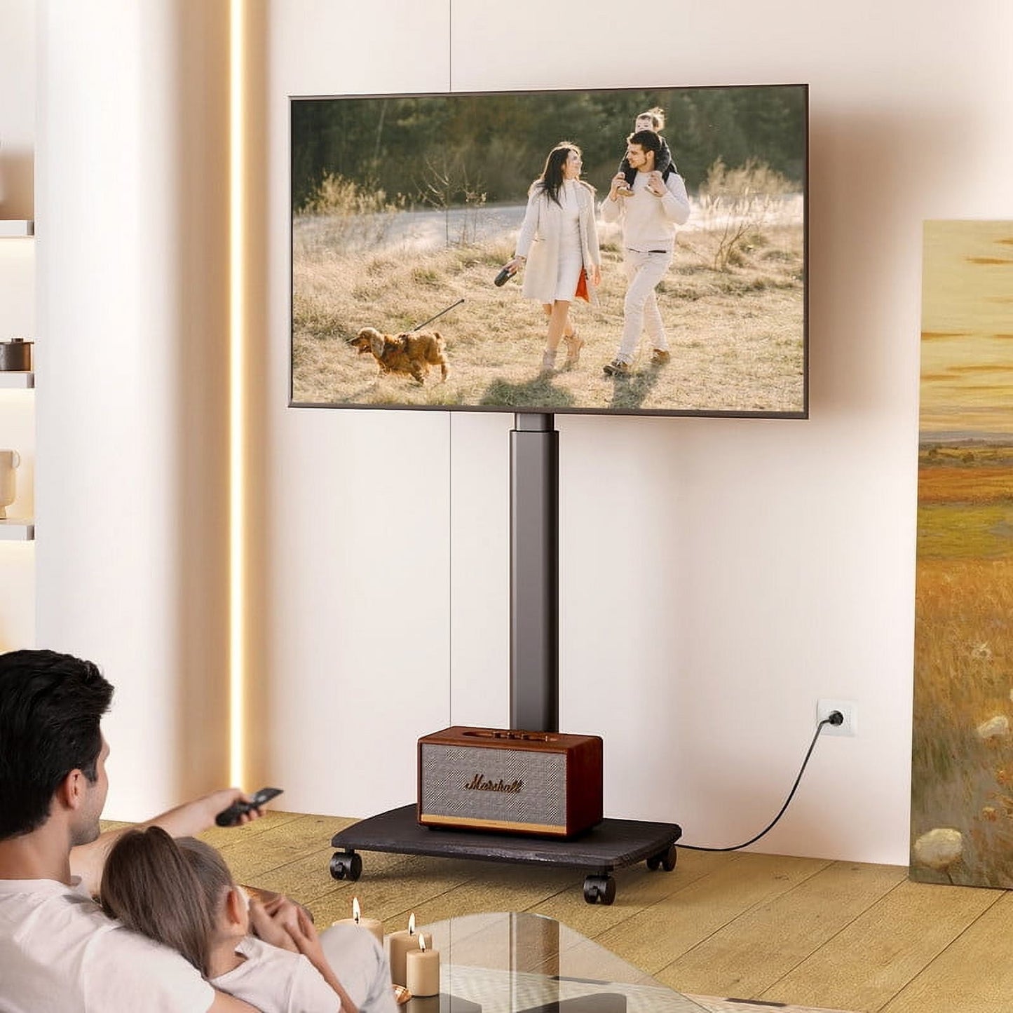 FITUEYES Rolling TV Floor Stand for 32 - 70 Inch TVs, with power strip and Upgraded 360° rotating wheels,Black