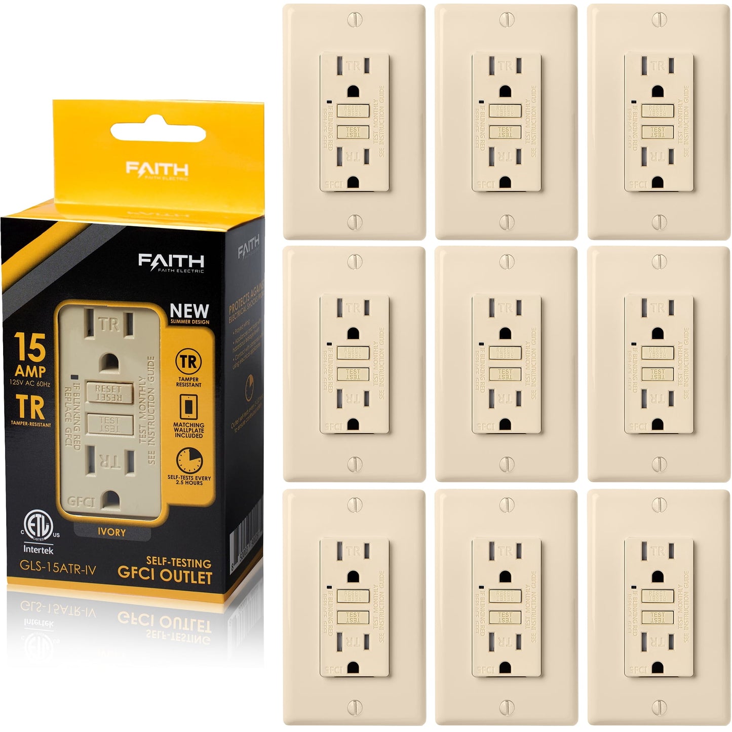 Faith 15A GFCI Outlets, Slim, Tamper-Resistant GFI Receptacles with Wall Plate, Ivory, 10 Pack