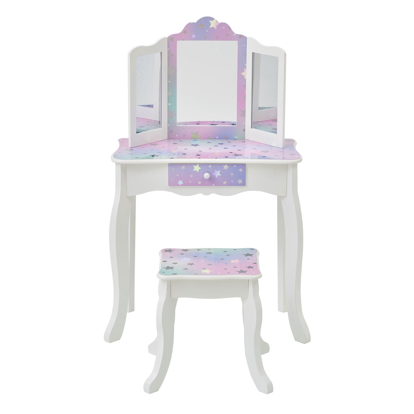 Fantasy Fields Gisele Starry Sky Wooden Kids Play Vanity Set with Tri-Fold Mirror & Stool, White & Lavender