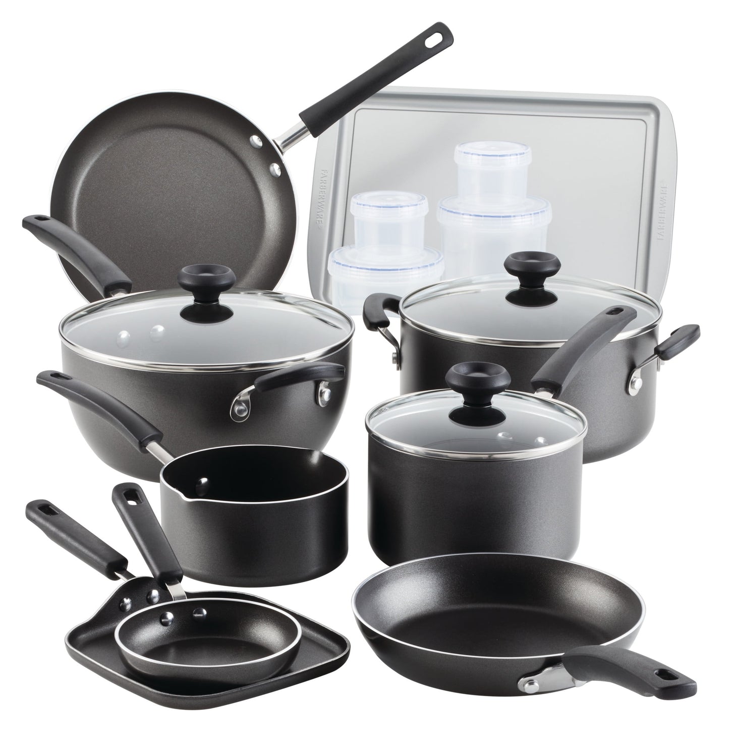 Farberware Easy Clean Juego de Utensilios de Cocina Antiadherentes de 20 Pzas y Tapas de Vidrio con Herramientas de Cocina y Recipientes para Almacenamiento de Alimentos, Apto para Lavavajillas, Gris