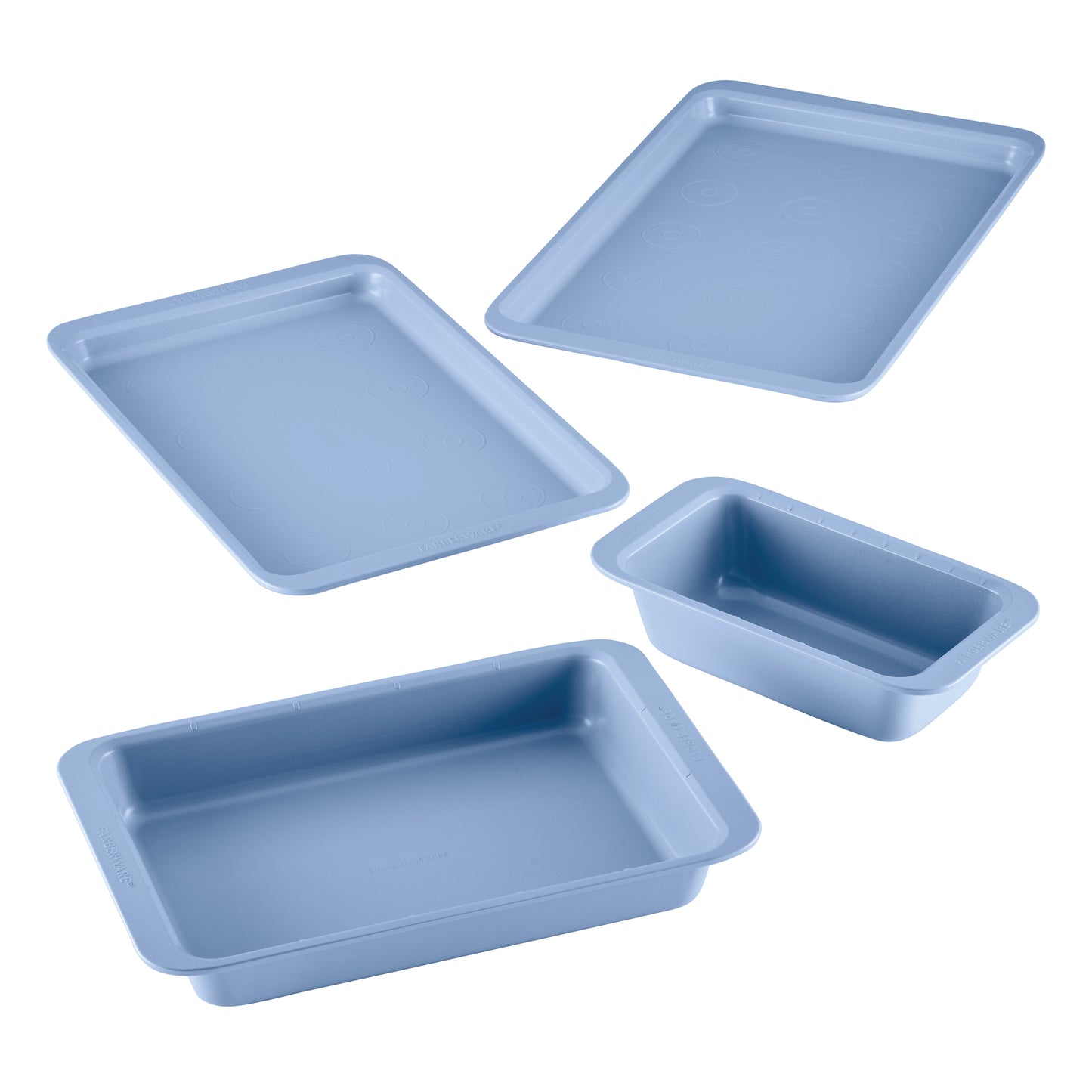 Farberware Easy Solutions 4 Piece Nonstick Baking Pan Set Features Easy Guide Markings and Cookie Outlines on the pan, Dishwasher Safe and Oven Safe to 450°F, Blue