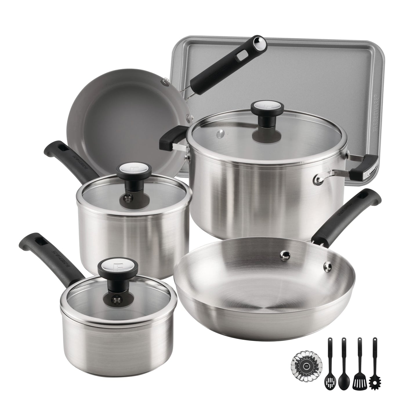 Farberware TrueCook Stainless Steel 14 Pcs Cookware Set, Dishwasher Safe, Metal Utensil and Induction Safe, Stainless Steel
