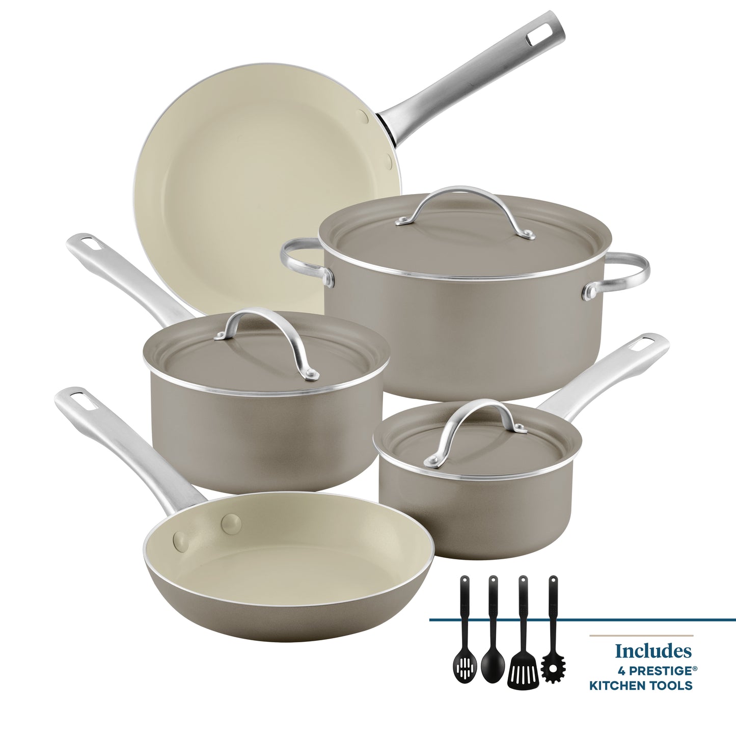 Farberware Vibrance 12 Pcs Ceramic Nonstick Cookware Set with Cooking Tools, Stainless Steel Handles, Dishwasher Safe and Oven Safe to 500°F, Silver