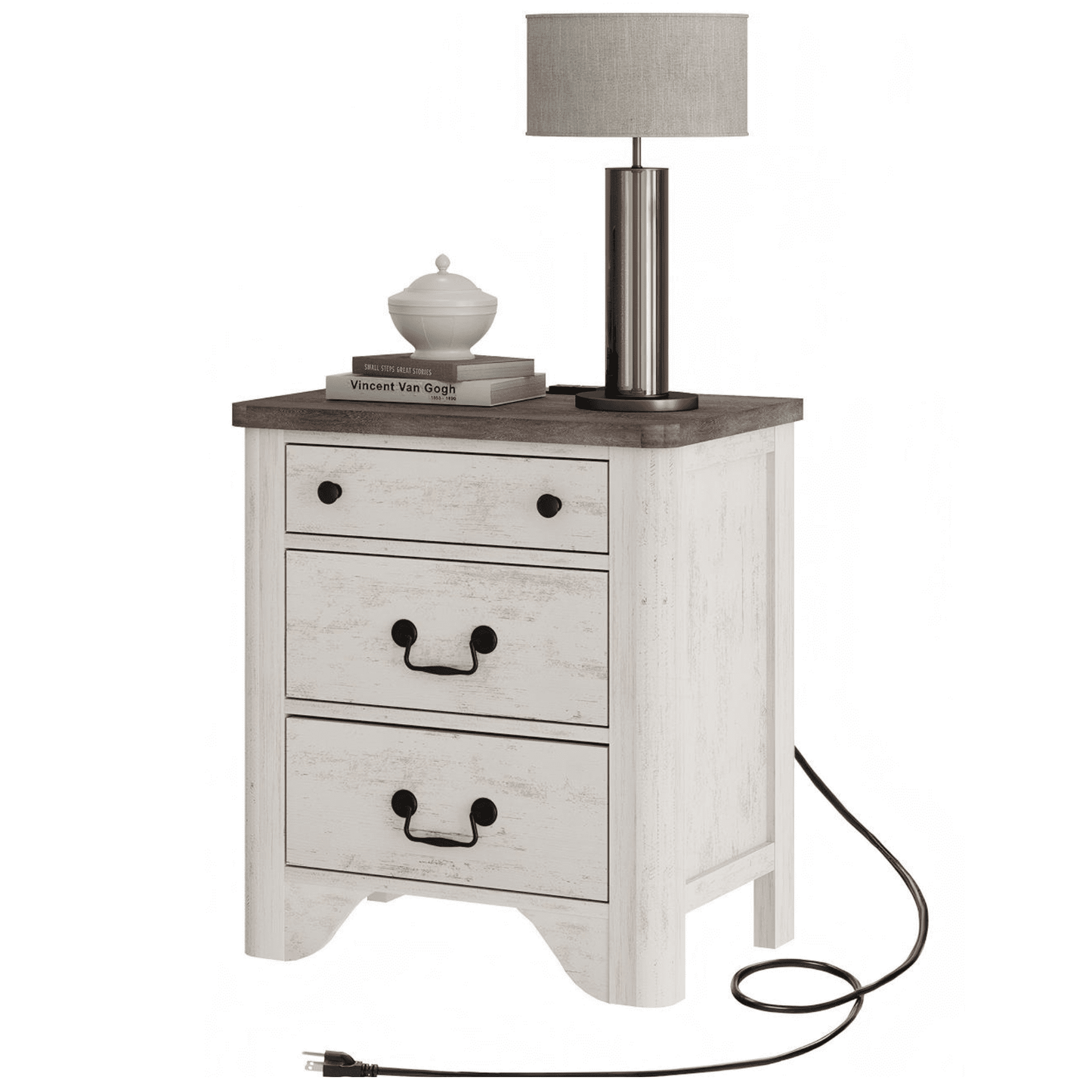 Farmhouse 3-Drawer End Table with Charging Station, Wood Side Table for Living Room, White