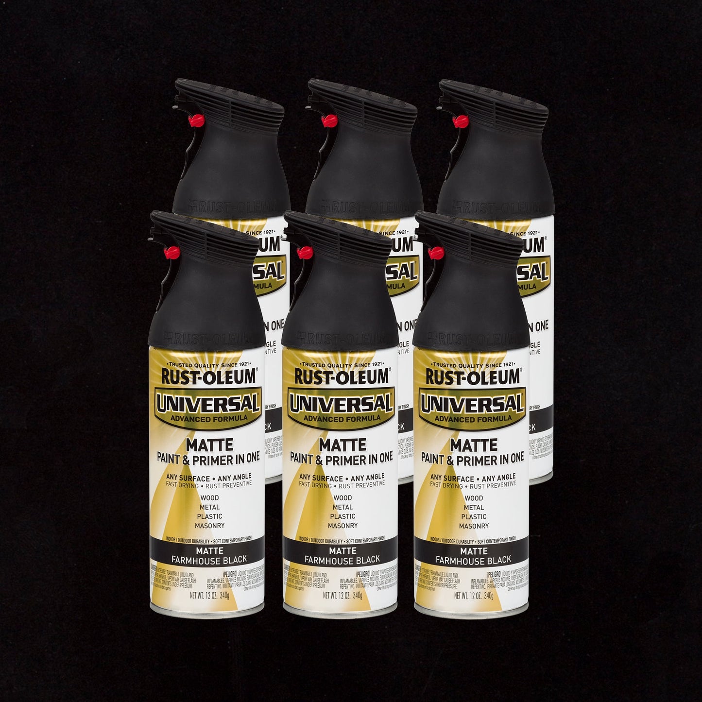 6 Pack, Farmhouse Black, Rust-Oleum Universal All Surface Interior/Exterior Matte Spray Paint-330505, 12 oz